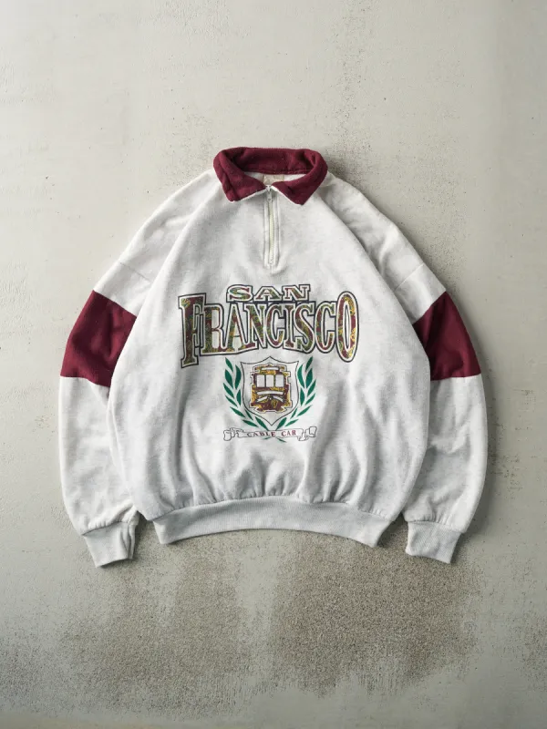 Vintage 80s Heather Grey & Burgundy San Francisco Quarter Zip Sweatshirt (L) sold by Rebalance Vintage