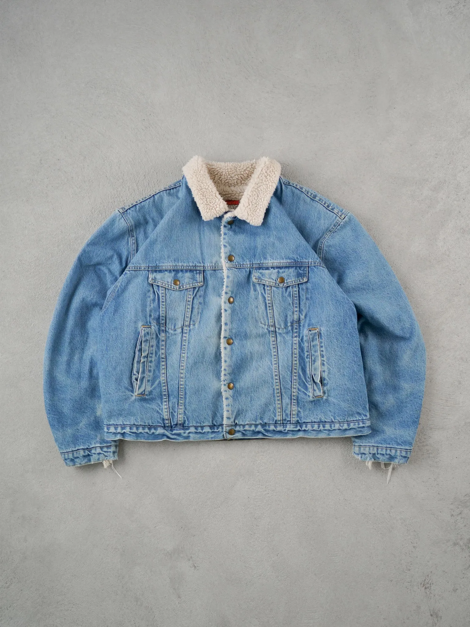 Vintage 90s Light Blue Work King Denim Sherpa Jacket (XL) sold by Rebalance Vintage