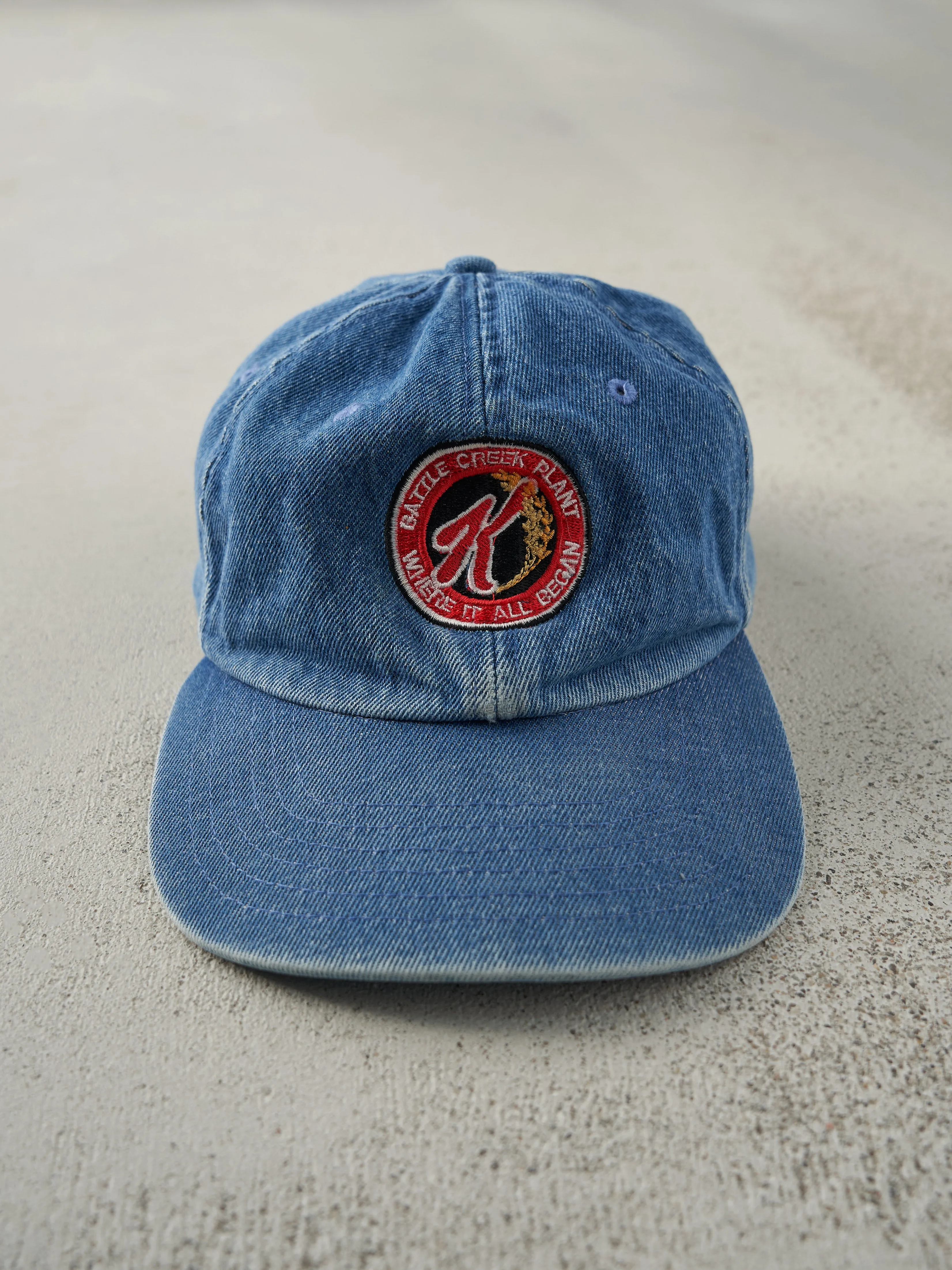 Vintage 90s Mid Wash Embroidered Denim Kellogg's Strap Back Hat sold by Rebalance Vintage