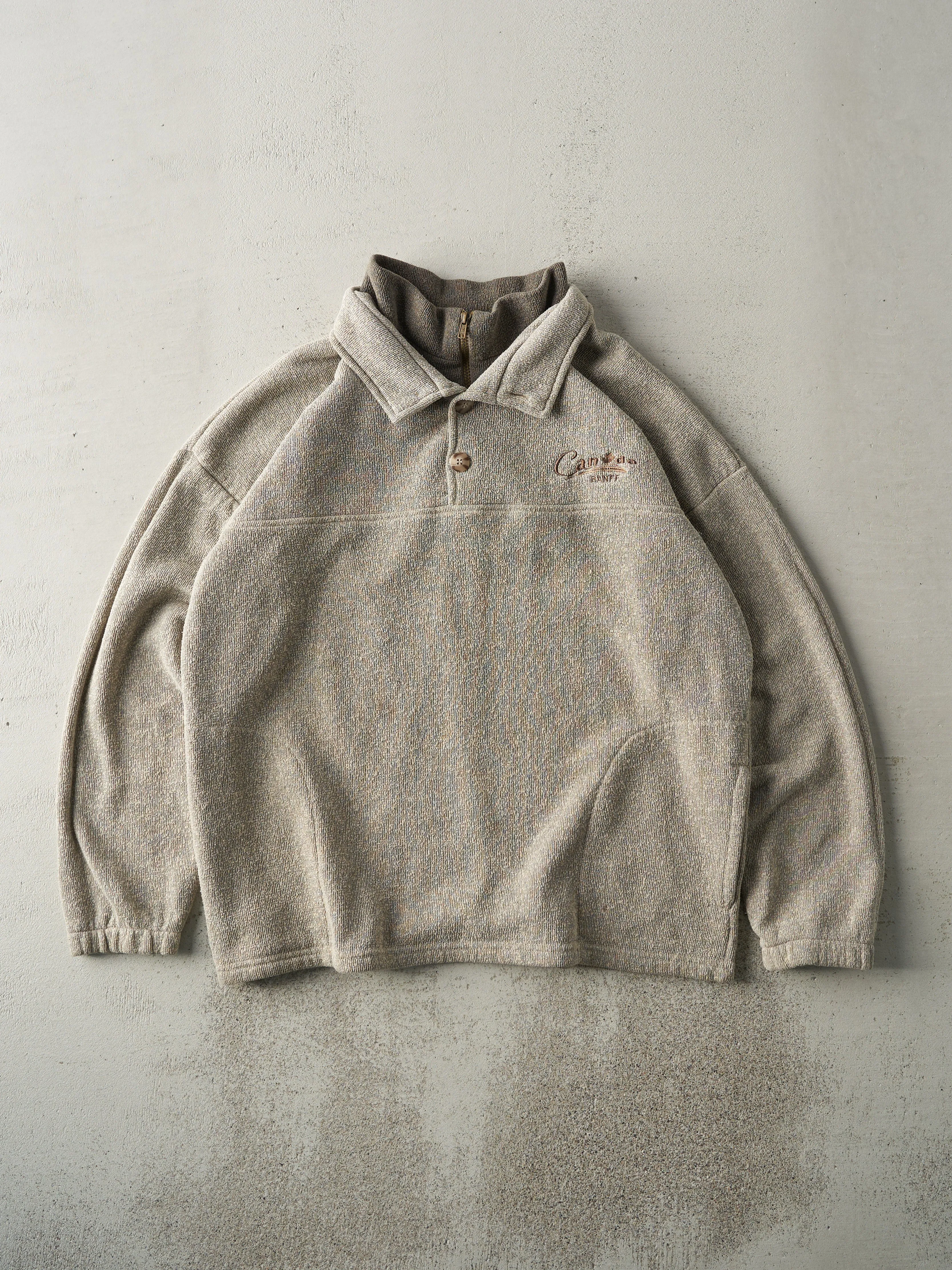 Vintage 90s Beige Banff Canada Quarter Zip/ Button Double Neck Sweater (L) sold by Rebalance Vintage
