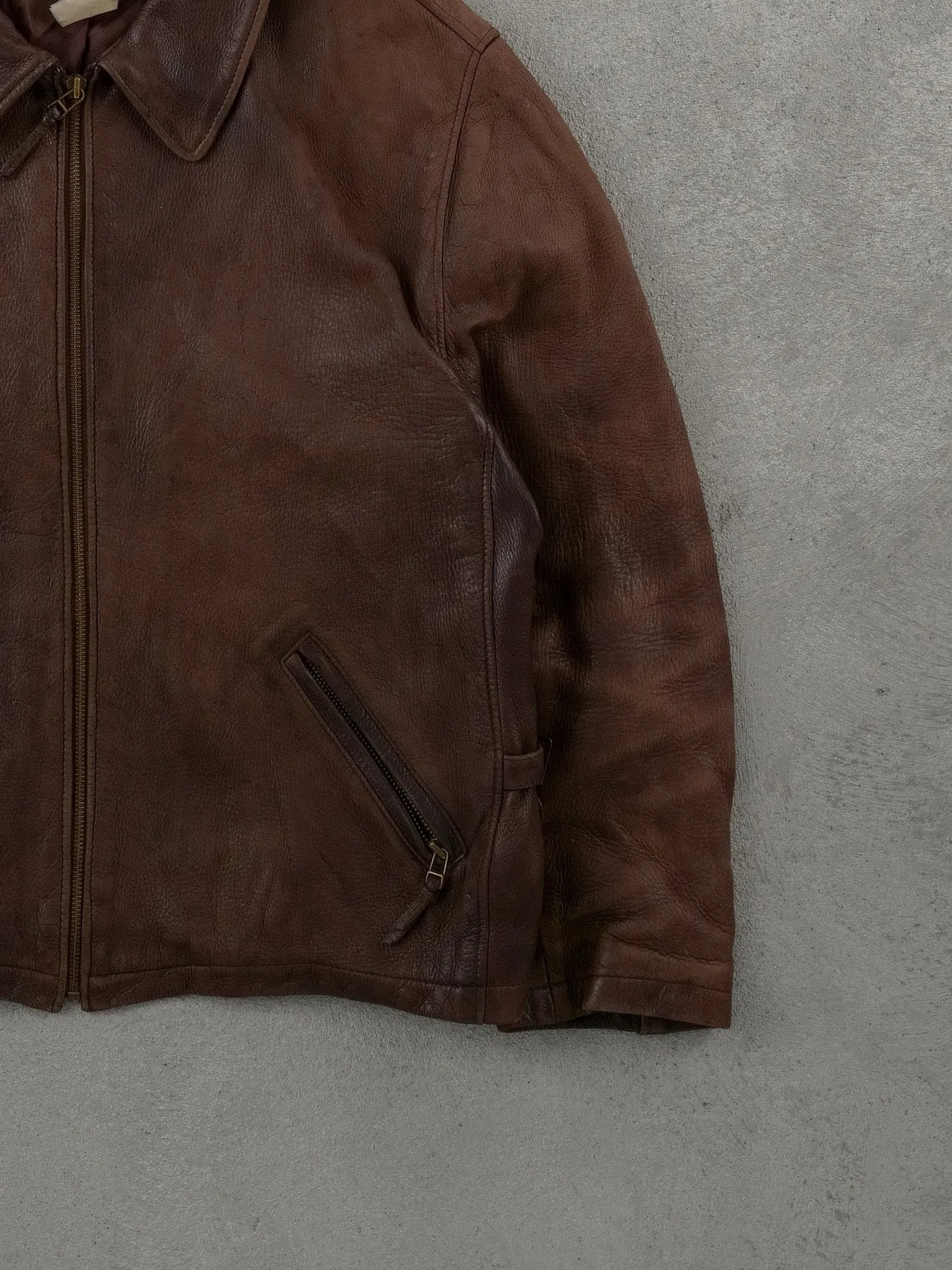 Vintage 90s Brown Roots Collared Leather Jacket (L) sold by Rebalance Vintage product image thumbnail 3