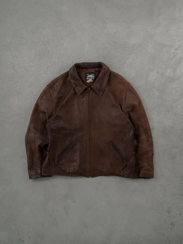 Vintage 90s Brown Roots Collared Leather Jacket (L) sold by Rebalance Vintage