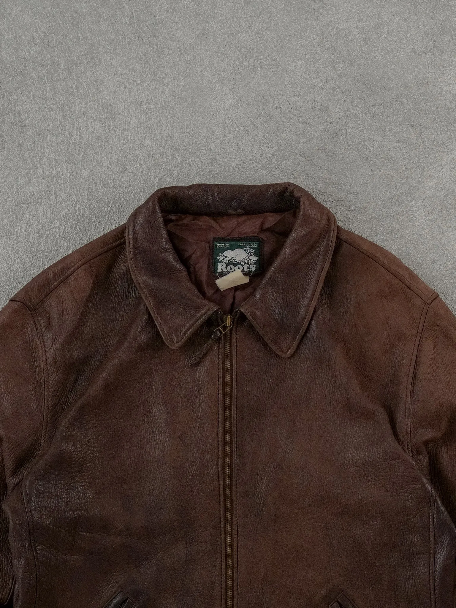 Vintage 90s Brown Roots Collared Leather Jacket (L) sold by Rebalance Vintage product image thumbnail 2