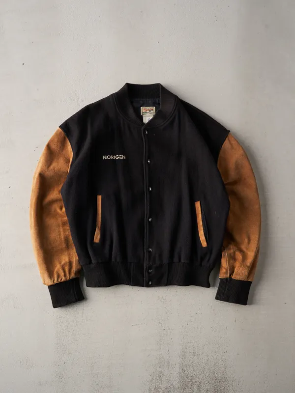 Vintage 90s Black and Brown Suede Norigen Harpurg Varsity Jacket (M) sold by Rebalance Vintage