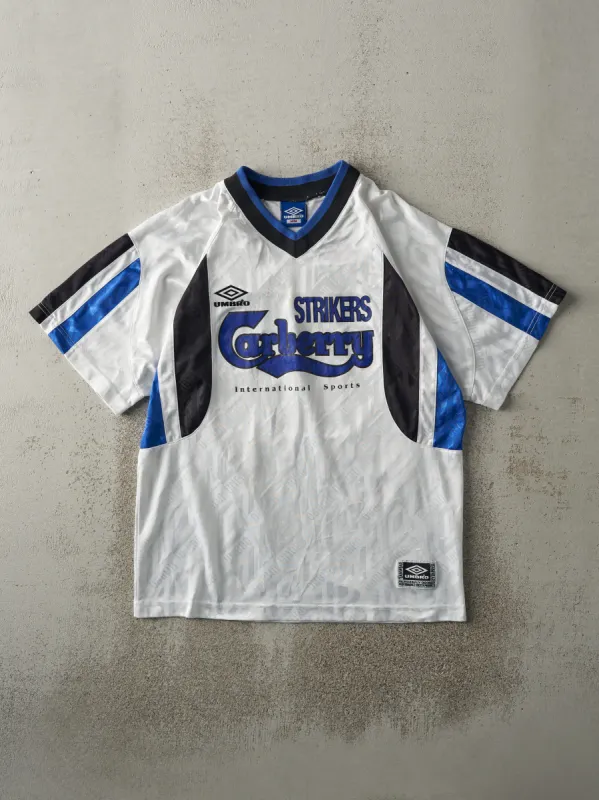 Vintage 90s White, Blue & Black Strikers Soccer Jersey (M) sold by Rebalance Vintage