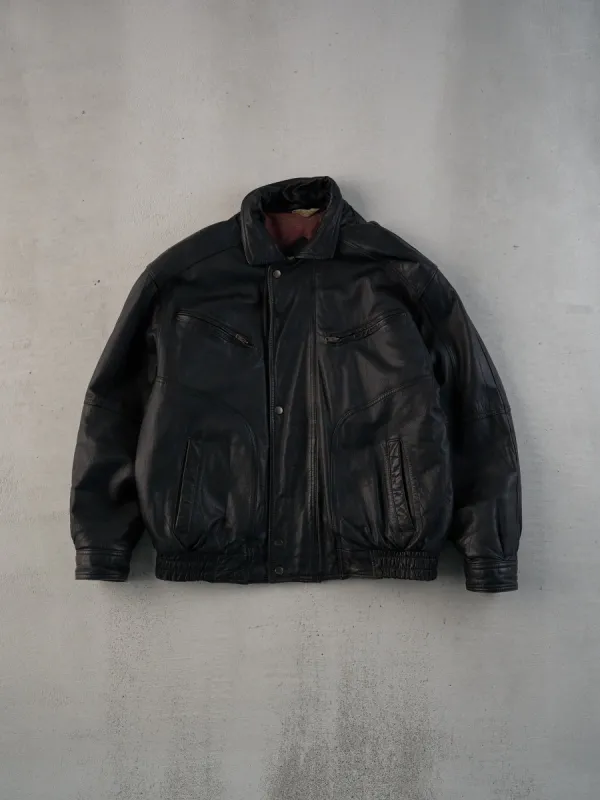 Vintage 80s Black Club International Collared Leather Bomber Jacket sold by Rebalance Vintage