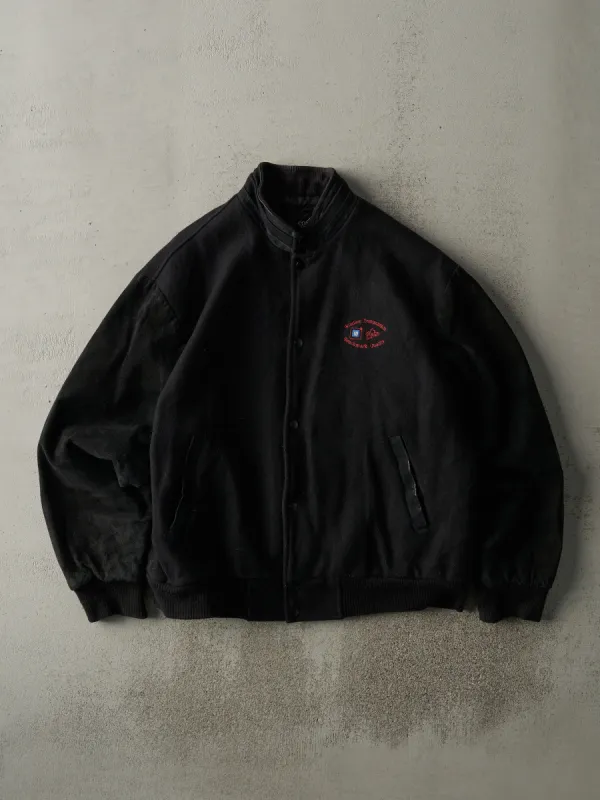 Vintage 90s Black Embroidered Wool & Leather Varsity Jacket (M) sold by Rebalance Vintage