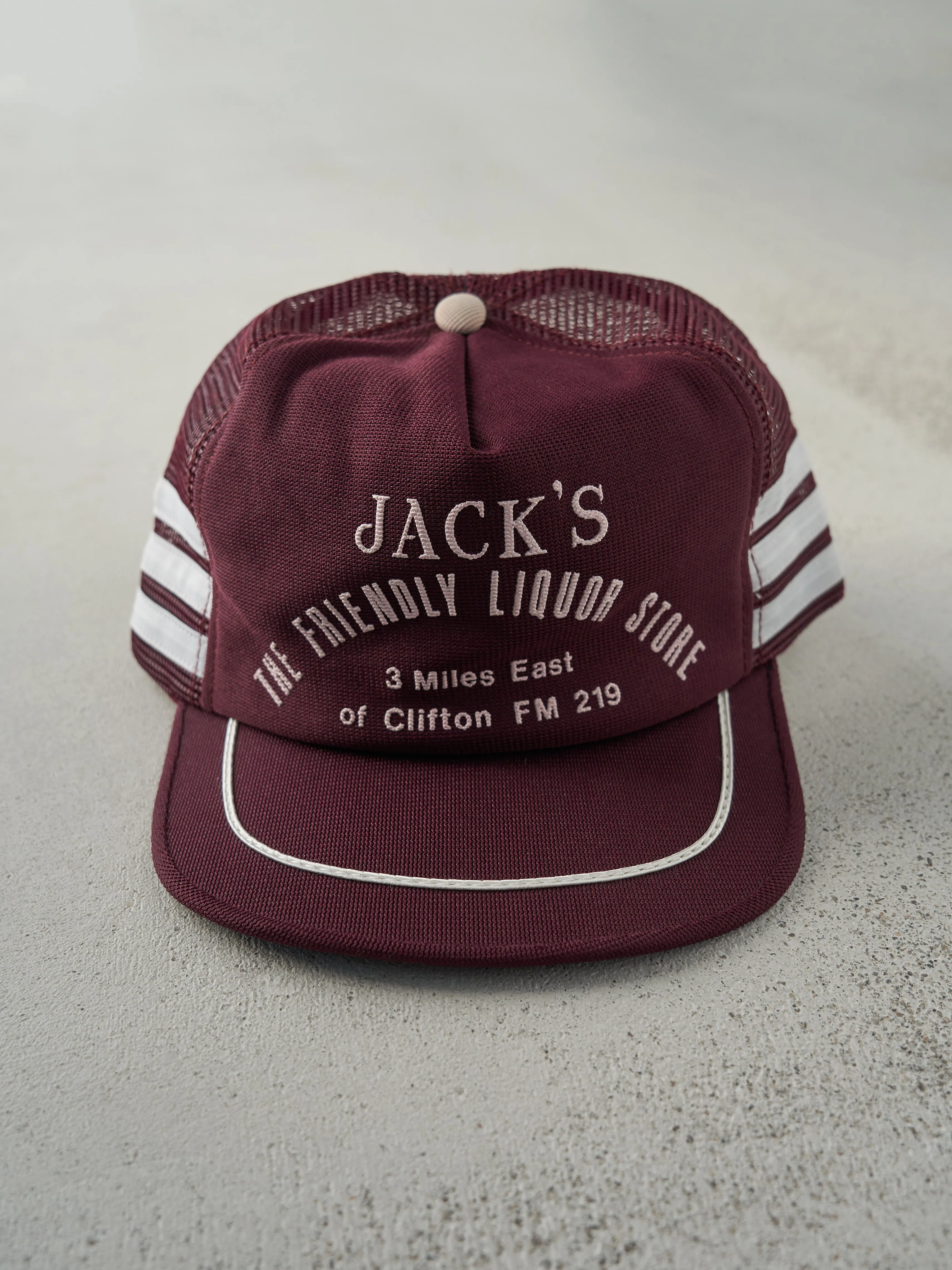 Vintage 70s Burgundy Jacks Liquor Store Trucker Hat sold by Rebalance Vintage