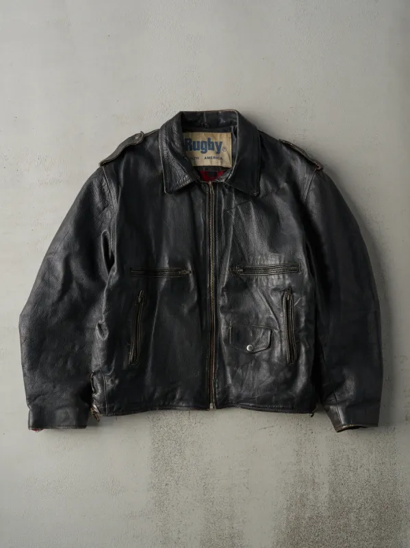 Vintage 80s Black Rugby Flannel Lined Leather Jacket (L) sold by Rebalance Vintage
