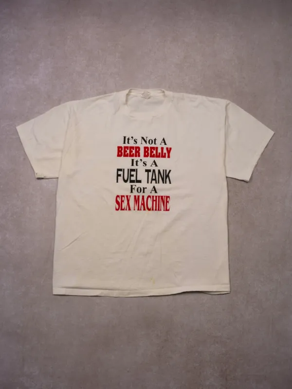 Vintage 90s White "It's Not A Beer Belly It's a Fuel Tank For A Sex Machine" Tee (L/XL) sold by Rebalance Vintage