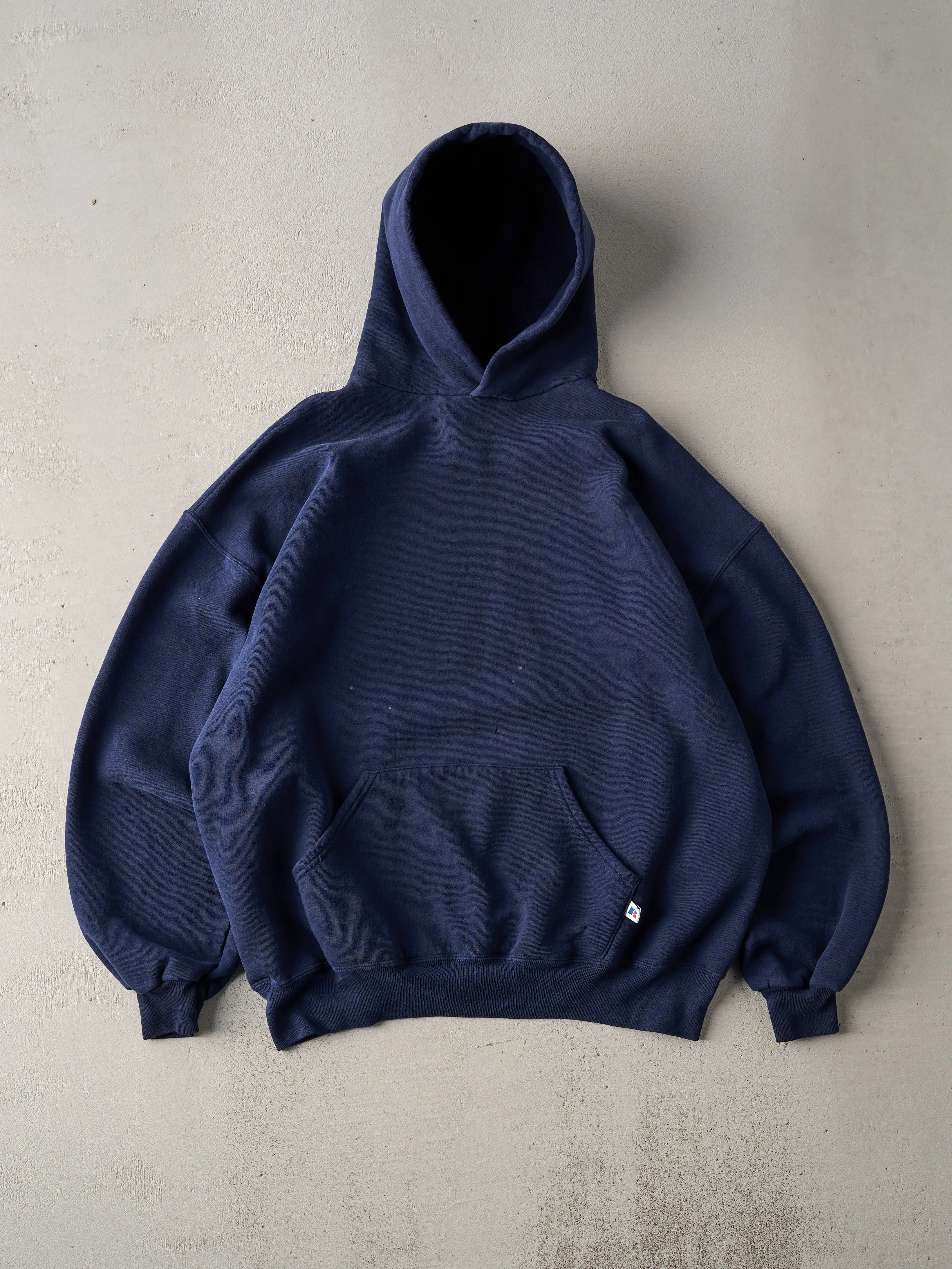 Vintage 90s Navy Russell Athletics Blank Boxy Hoodie (L) sold by Rebalance Vintage