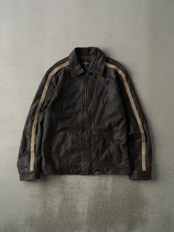 Vintage Y2K Dark Brown Striped Brody Light Weight Leather Biker Jacket (M) sold by Rebalance Vintage