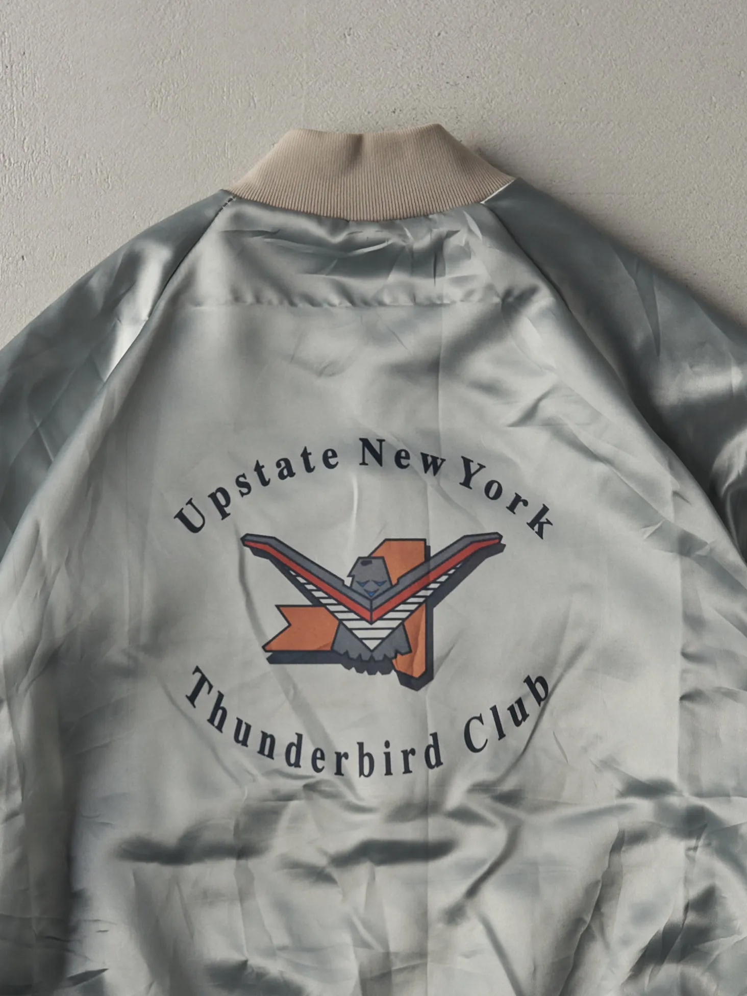 Vintage 70s Silver Upstate New York Thunderbird Club Satin Bomber (M) sold by Rebalance Vintage product image thumbnail 4