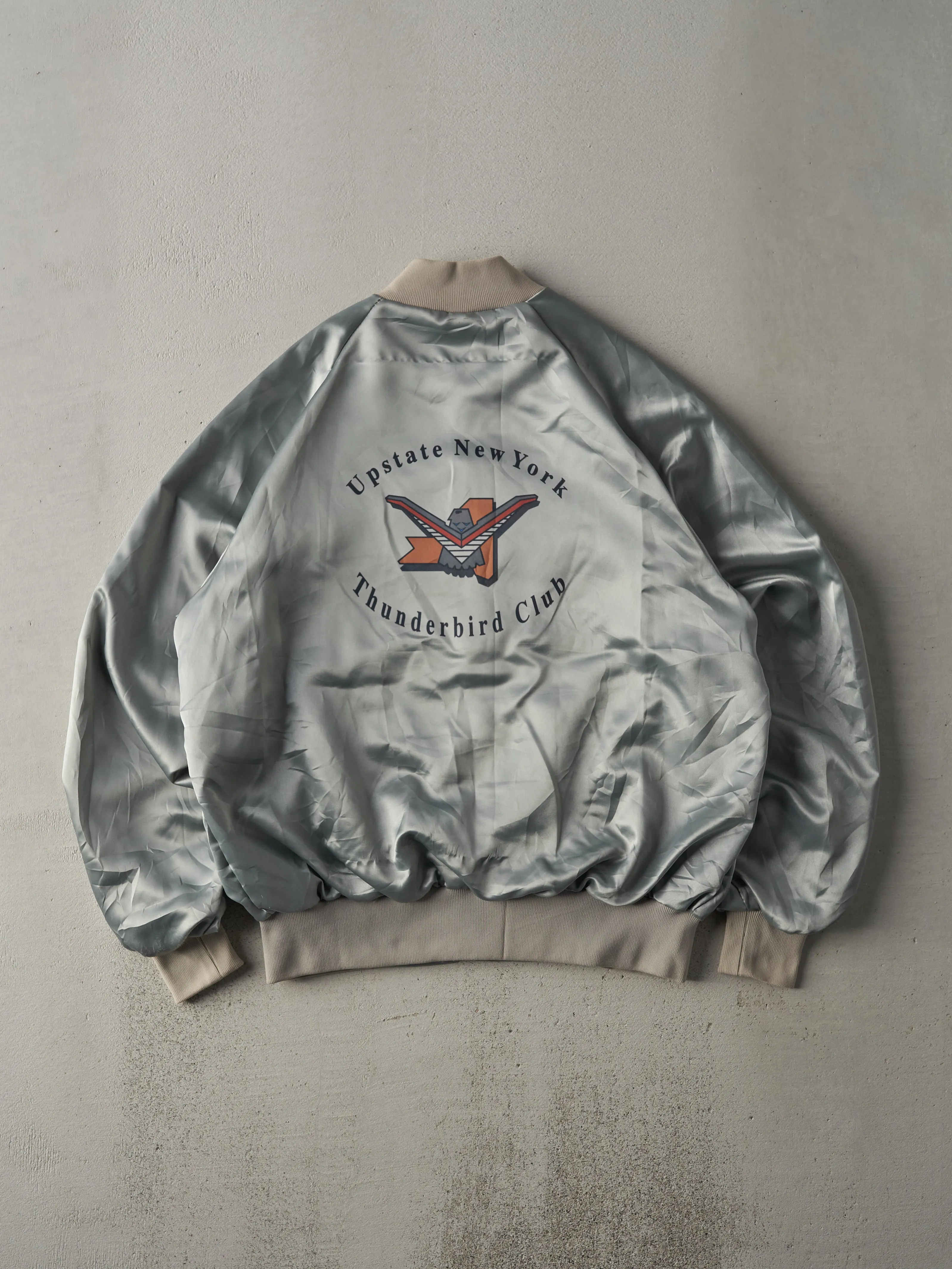 Vintage 70s Silver Upstate New York Thunderbird Club Satin Bomber (M) sold by Rebalance Vintage