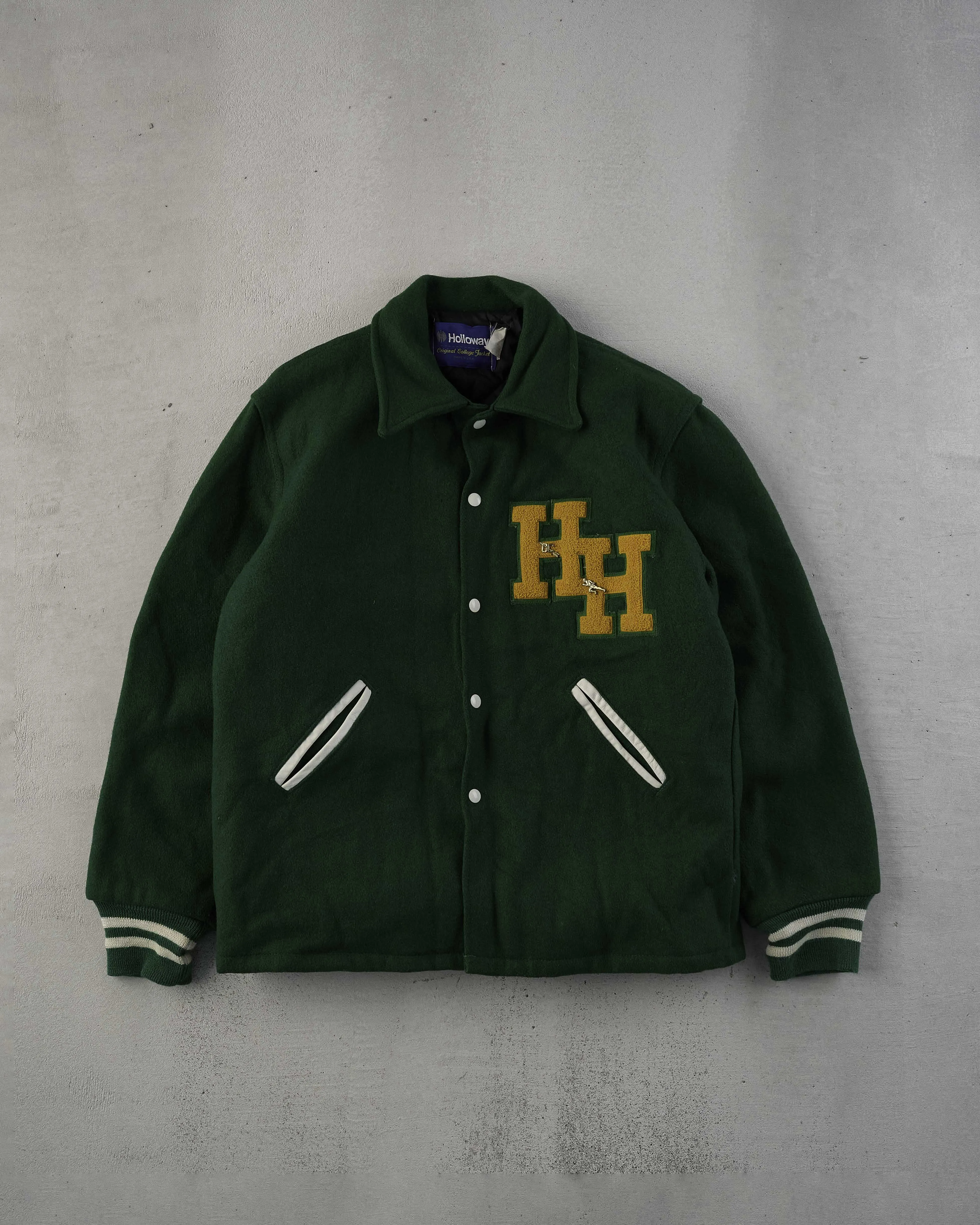 Vintage 80s Pine Green H&H Varsity Jacket (L) sold by Rebalance Vintage