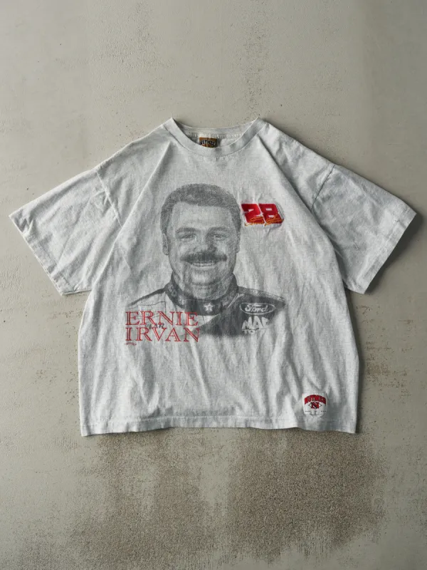 Vintage 90s Heather Grey Embroidered Ernie Irvan Nascar Racing Single Stitch Tee (L) sold by Rebalance Vintage