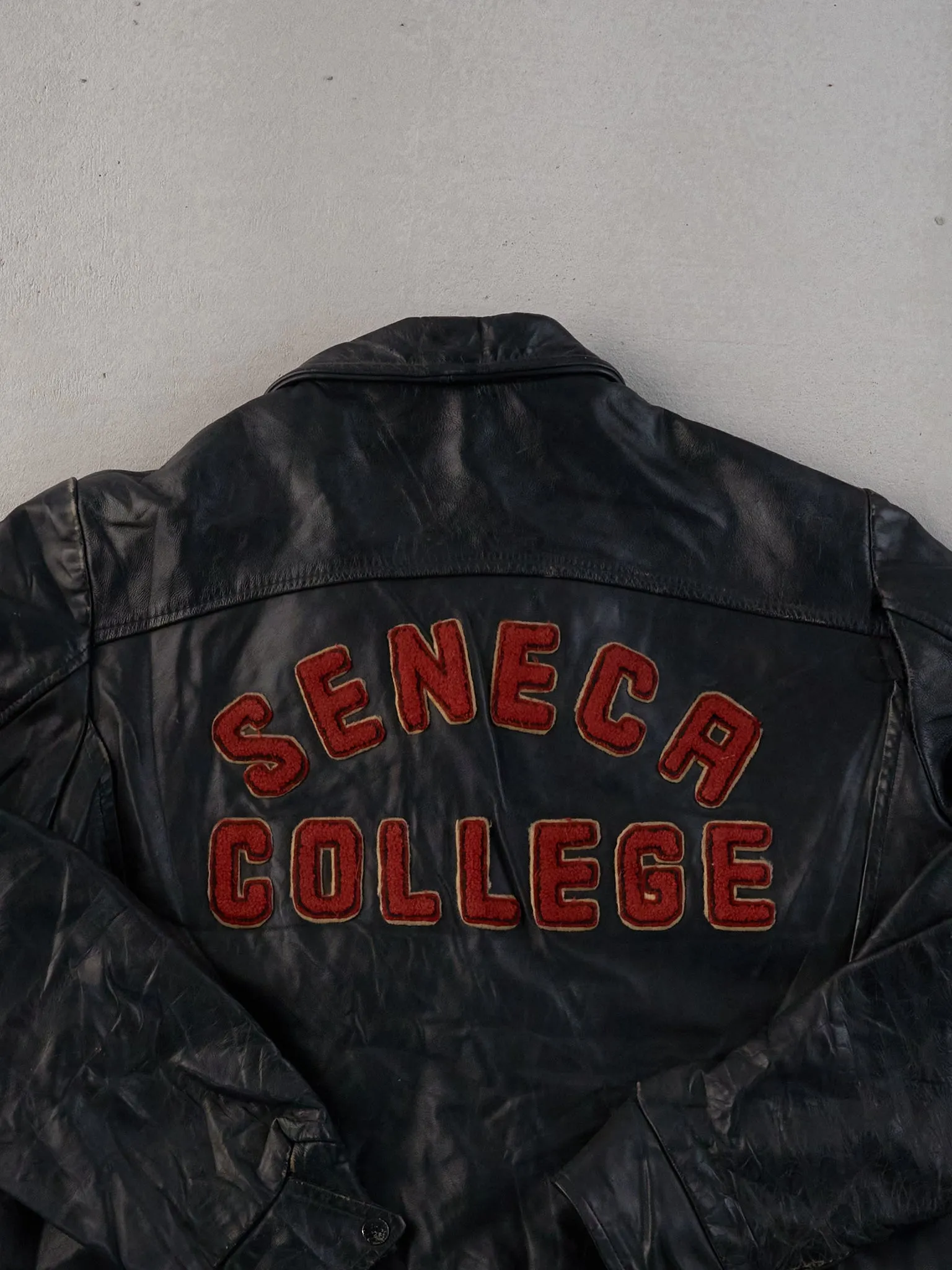 Vintage 88' Black Seneca College Collared Leather Jacket (M) sold by Rebalance Vintage product image thumbnail 4