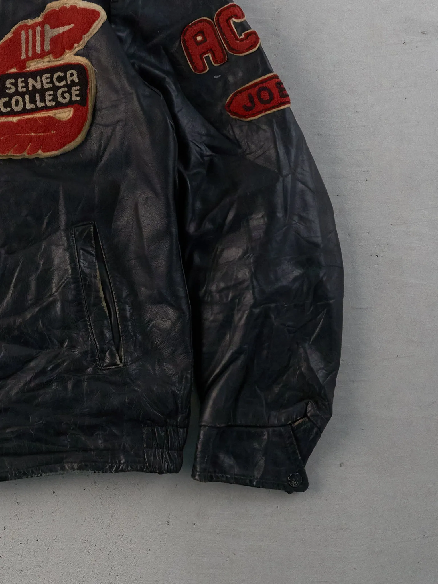 Vintage 88' Black Seneca College Collared Leather Jacket (M) sold by Rebalance Vintage product image thumbnail 5