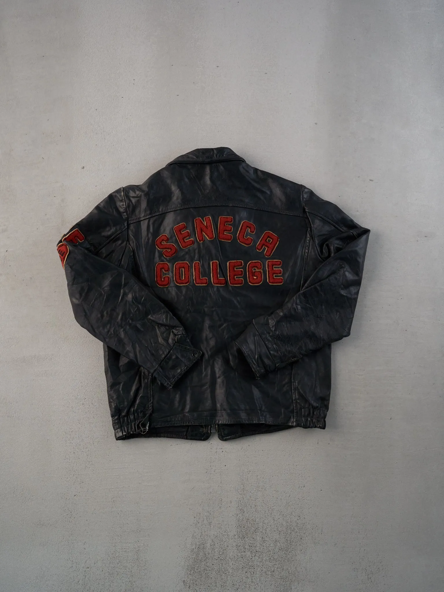 Vintage 88' Black Seneca College Collared Leather Jacket (M) sold by Rebalance Vintage product image thumbnail 2