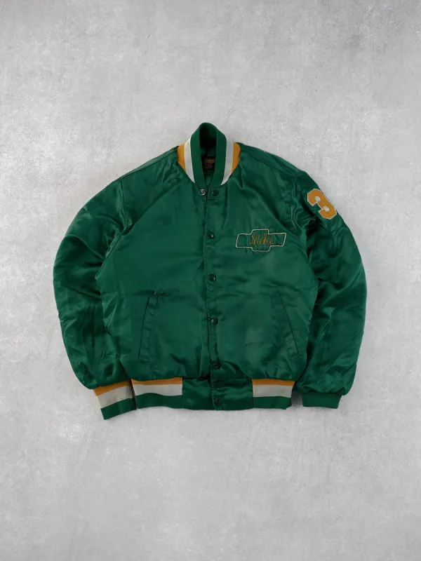 Vintage 70s Green and Yellow Chevrolet Central Office Chain Stitched Stain Bomber Jacket (L) sold by Rebalance Vintage