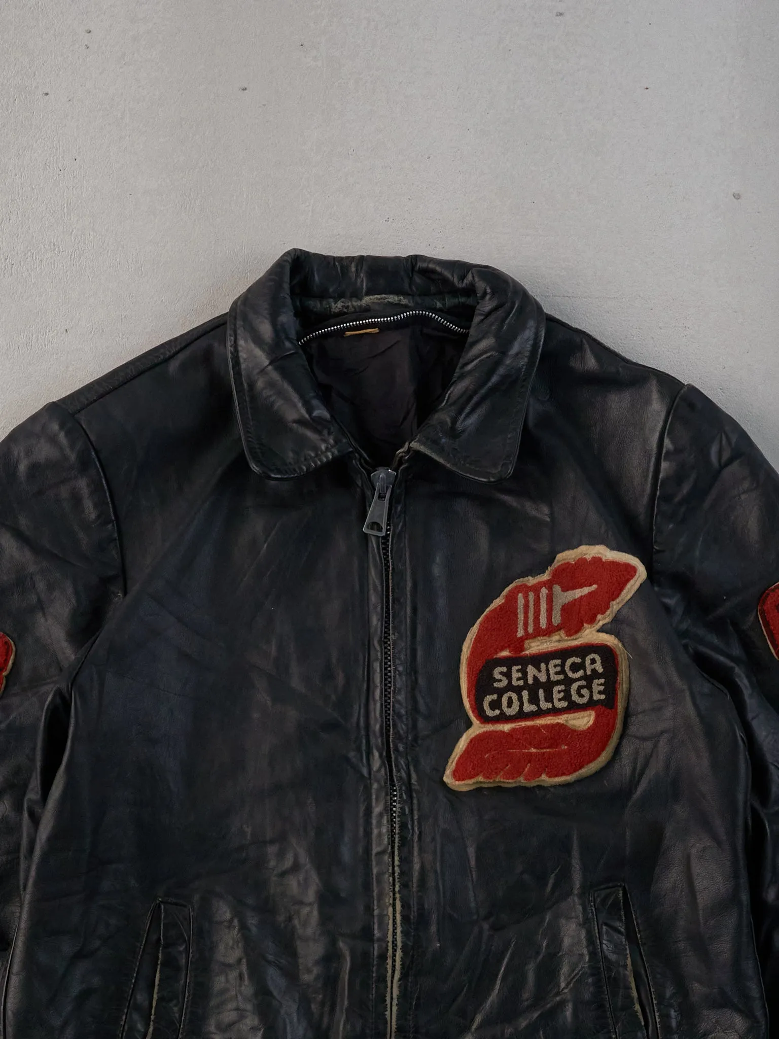 Vintage 88' Black Seneca College Collared Leather Jacket (M) sold by Rebalance Vintage product image thumbnail 3