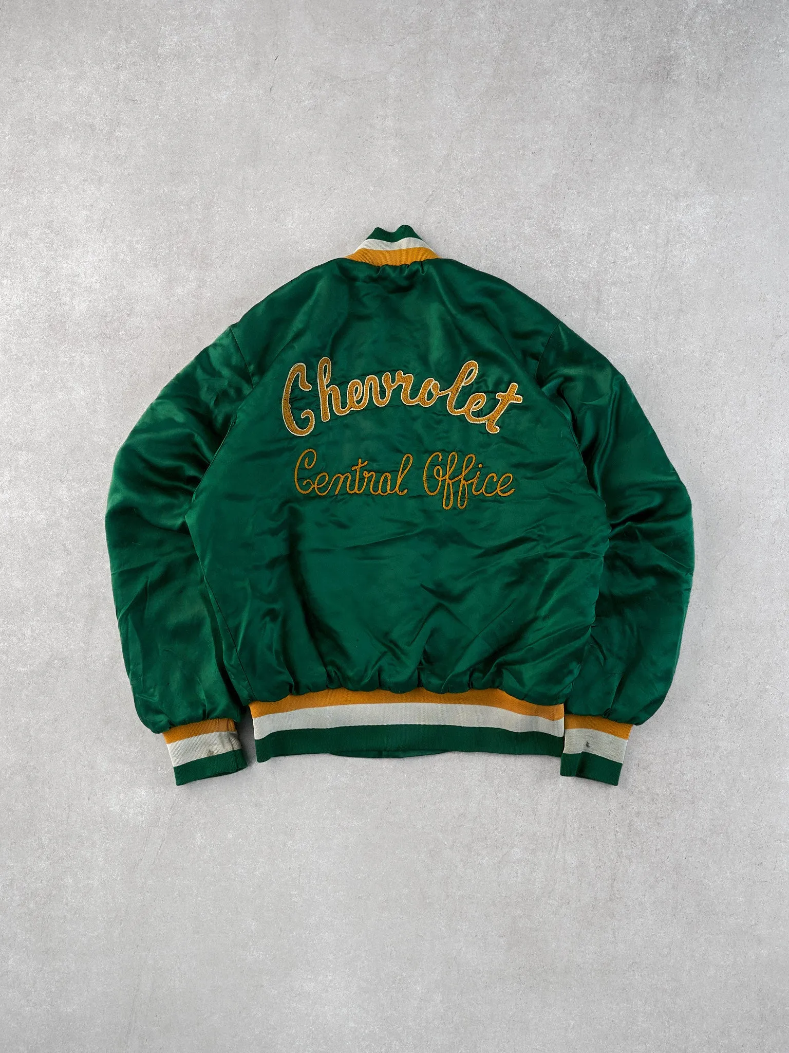 Vintage 70s Green and Yellow Chevrolet Central Office Chain Stitched Stain Bomber Jacket (L) sold by Rebalance Vintage product image thumbnail 2