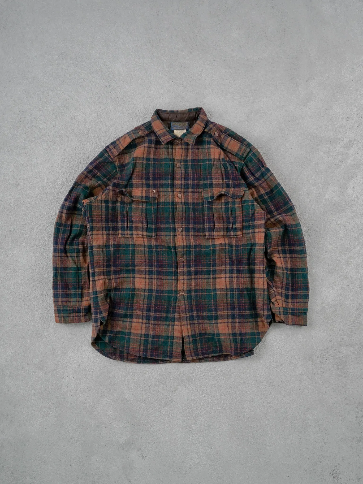 Vintage 90s Brown and Green Penoleton Wool Plaid Flannel (L) sold by Rebalance Vintage