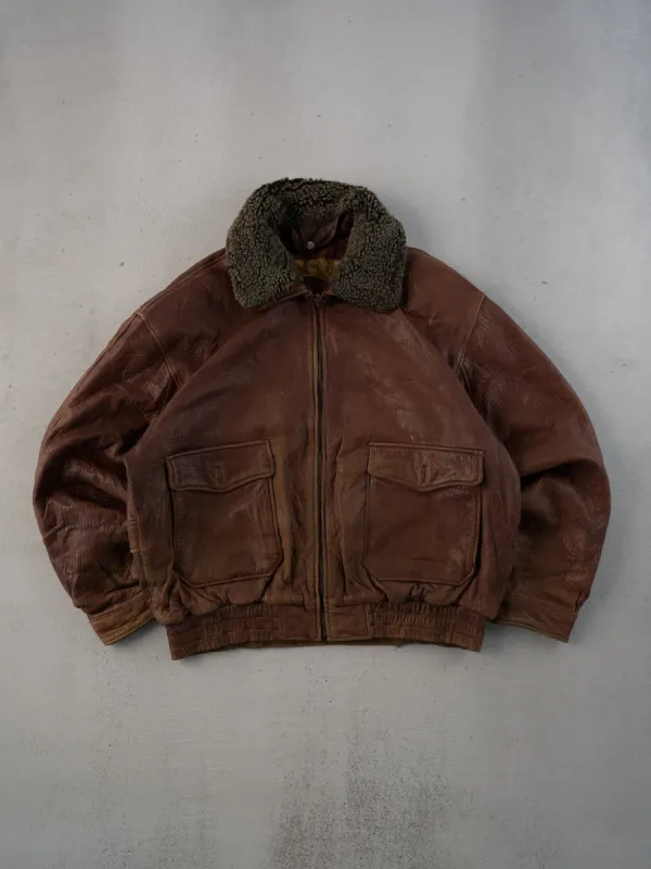 Vintage 90s Brown Danier Collared Sherpa Flight Leather Jacket (L) sold by Rebalance Vintage