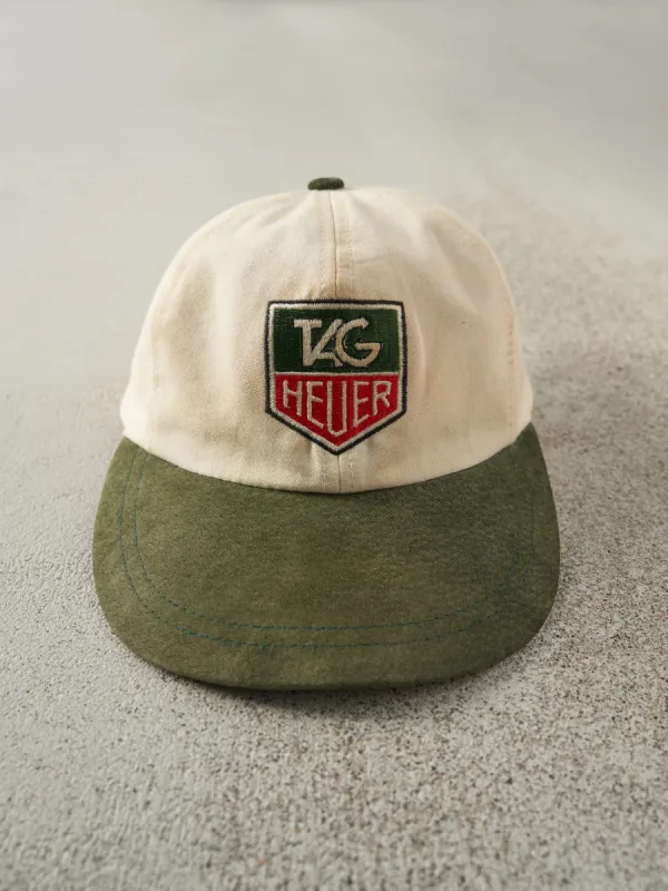 Vintage 90s Beige & Green Tag Heuer Embroidered Leather Strap Back Hat sold by Rebalance Vintage