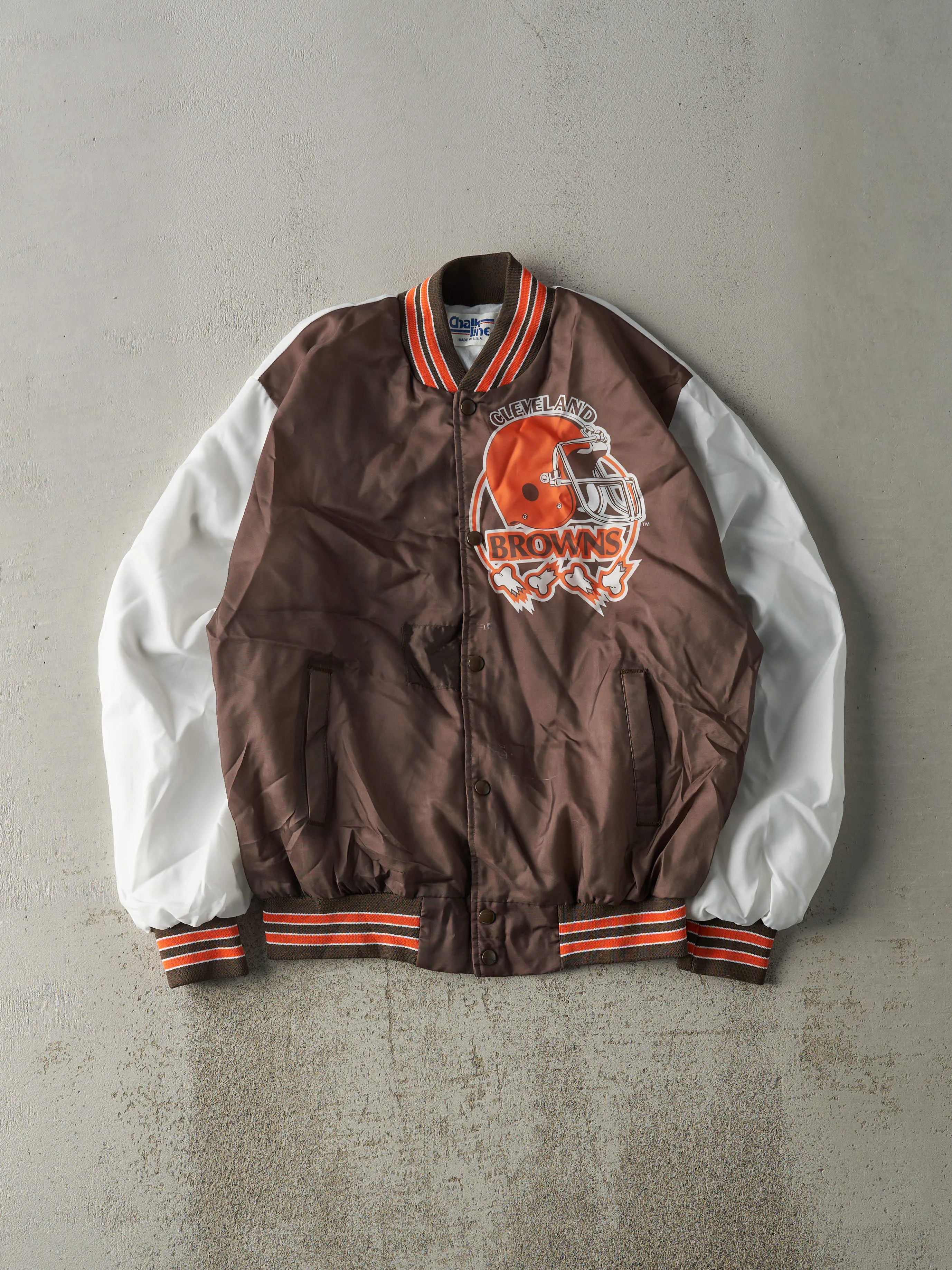 Vintage 90s Brown & White Cleveland Browns x Chalk Line Nylon Bomber Jacket (L) sold by Rebalance Vintage