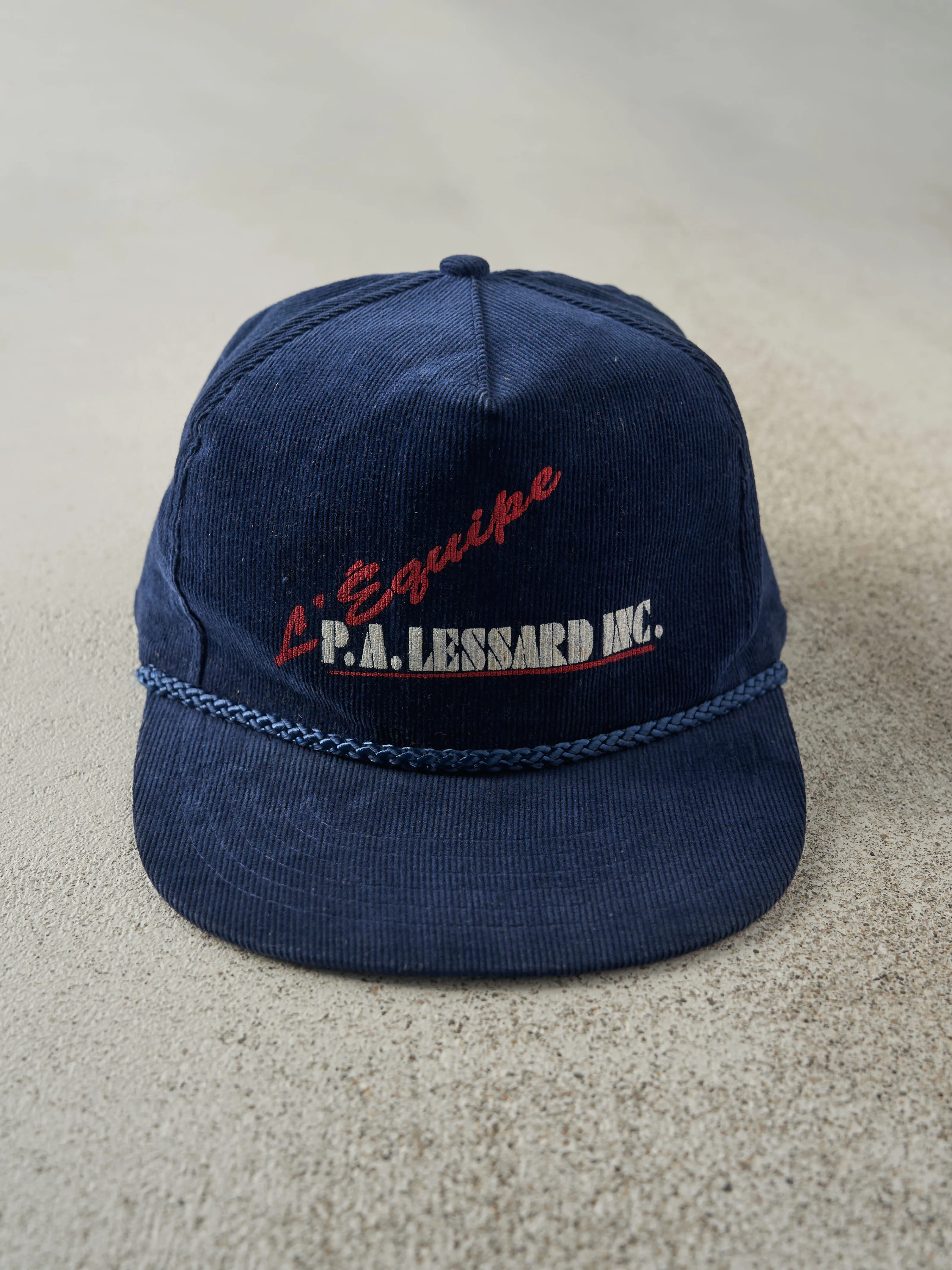 Vintage 90s Navy Blue L'Equipe P.A. Lessard Inc. Corduroy Snapback Hat sold by Rebalance Vintage