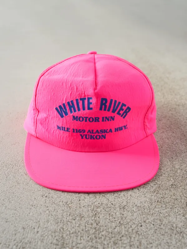 Vintage 80s Neon Pink White River Motor Inn Yukon Nylon Snapback made by Rebalance Vintage