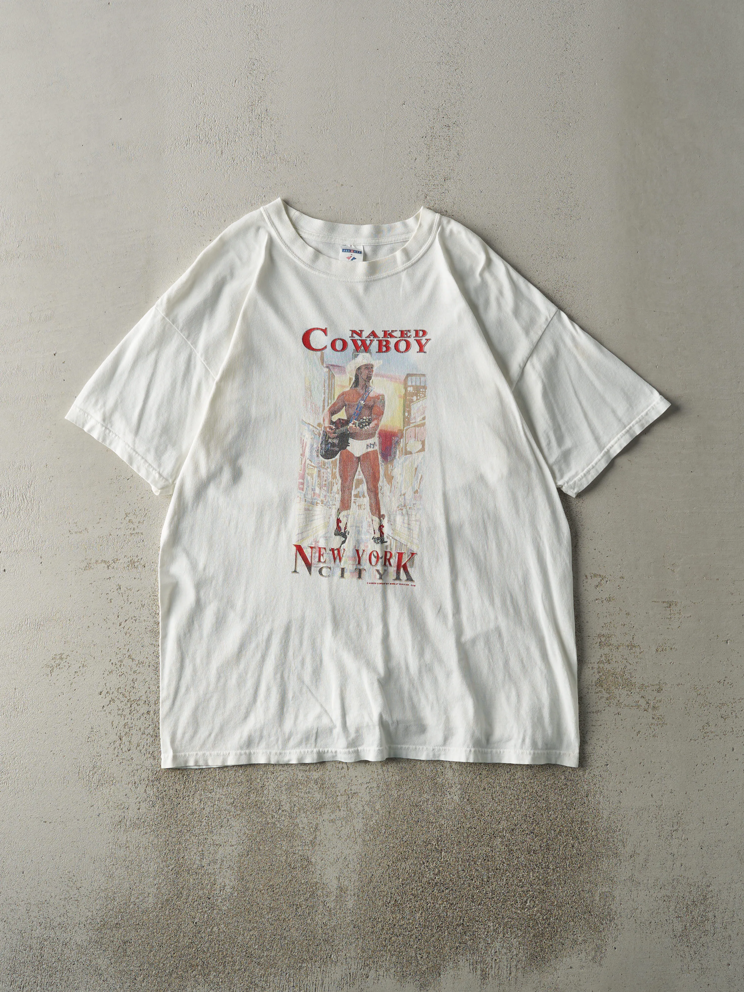 Vintage Y2K White New York City Naked Cowboy Tee (L) sold by Rebalance Vintage