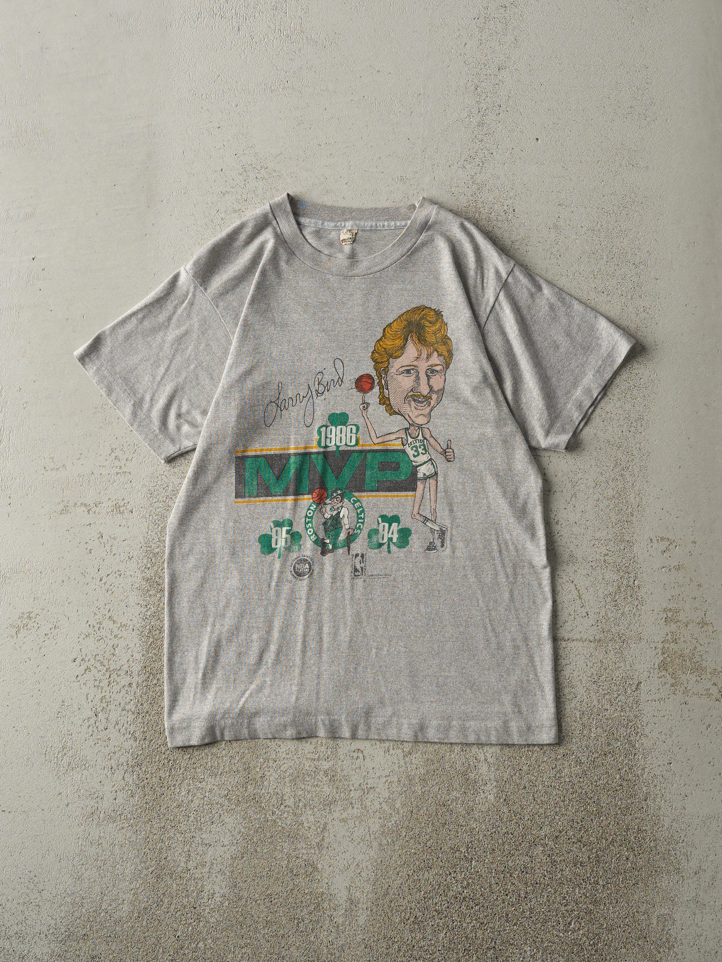 Vintage 86' Grey Larry Bird MVP Boston Celtics Single Stitch Tee (XS/S) sold by Rebalance Vintage