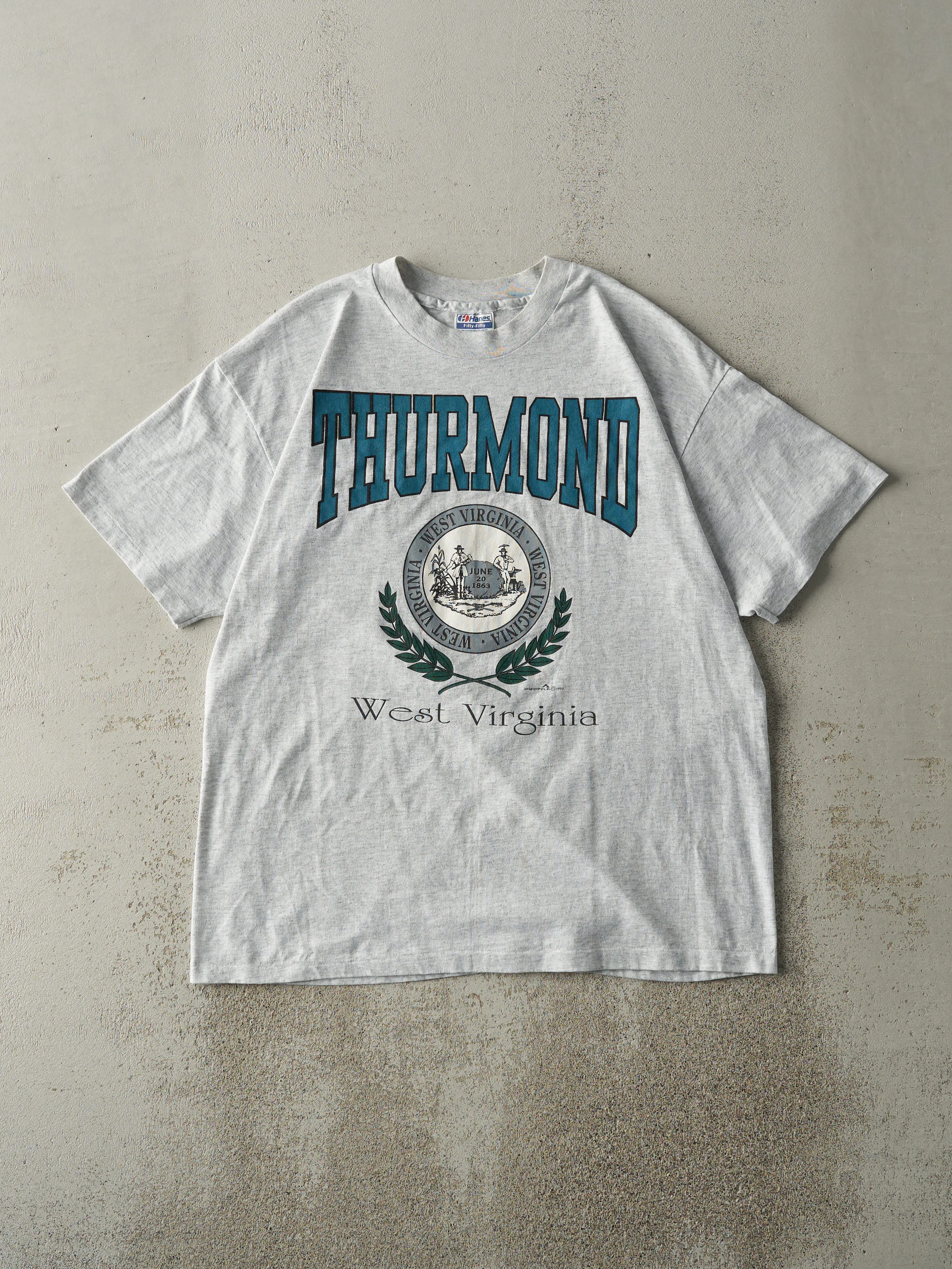 Vintage 92' Heather Grey Thurmond West Virginia Single Stitch Tee (M) sold by Rebalance Vintage