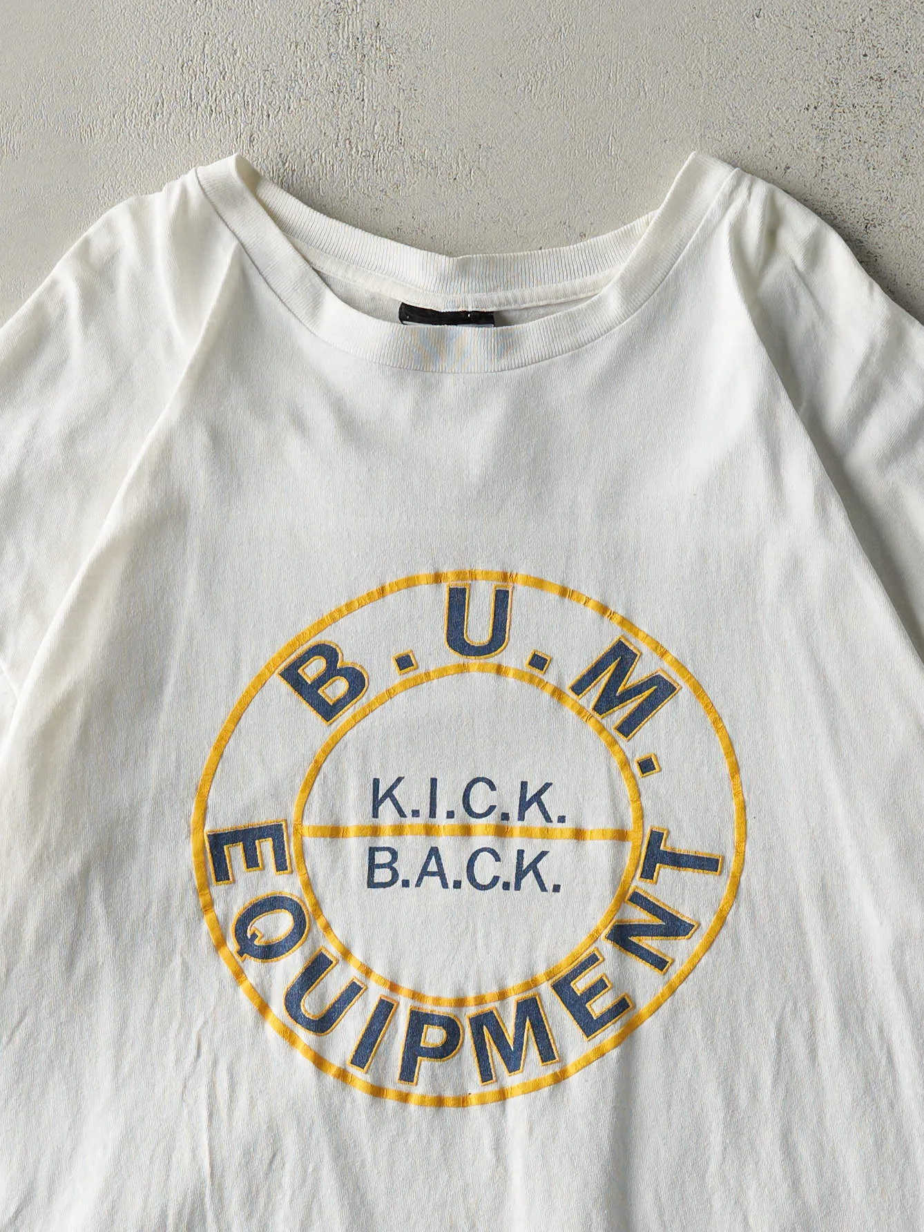 Vintage 90s White B.U.M. Equipment Single Stitch Tee (L/XL) sold by Rebalance Vintage product image thumbnail 2