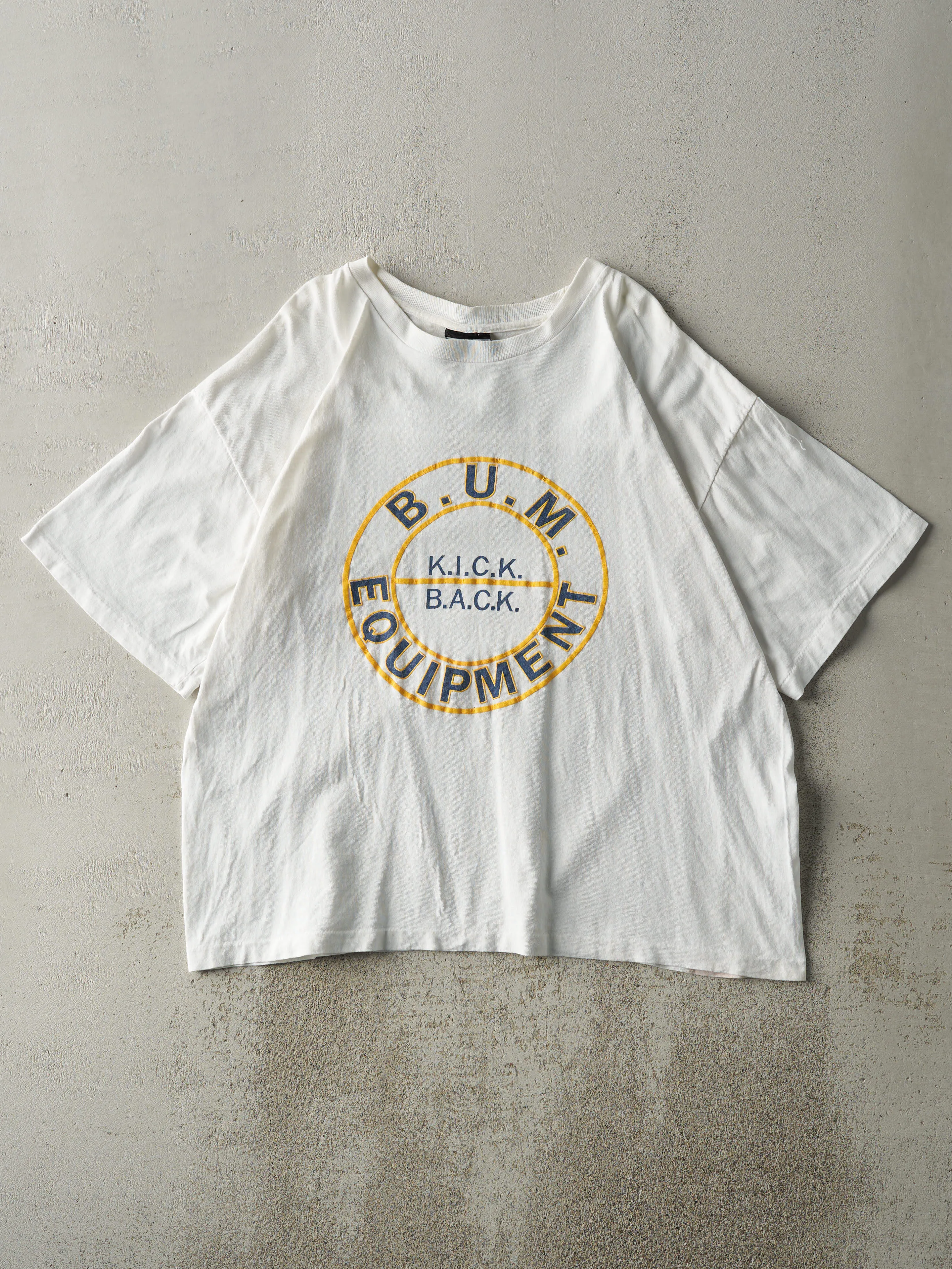 Vintage 90s White B.U.M. Equipment Single Stitch Tee (L/XL) sold by Rebalance Vintage