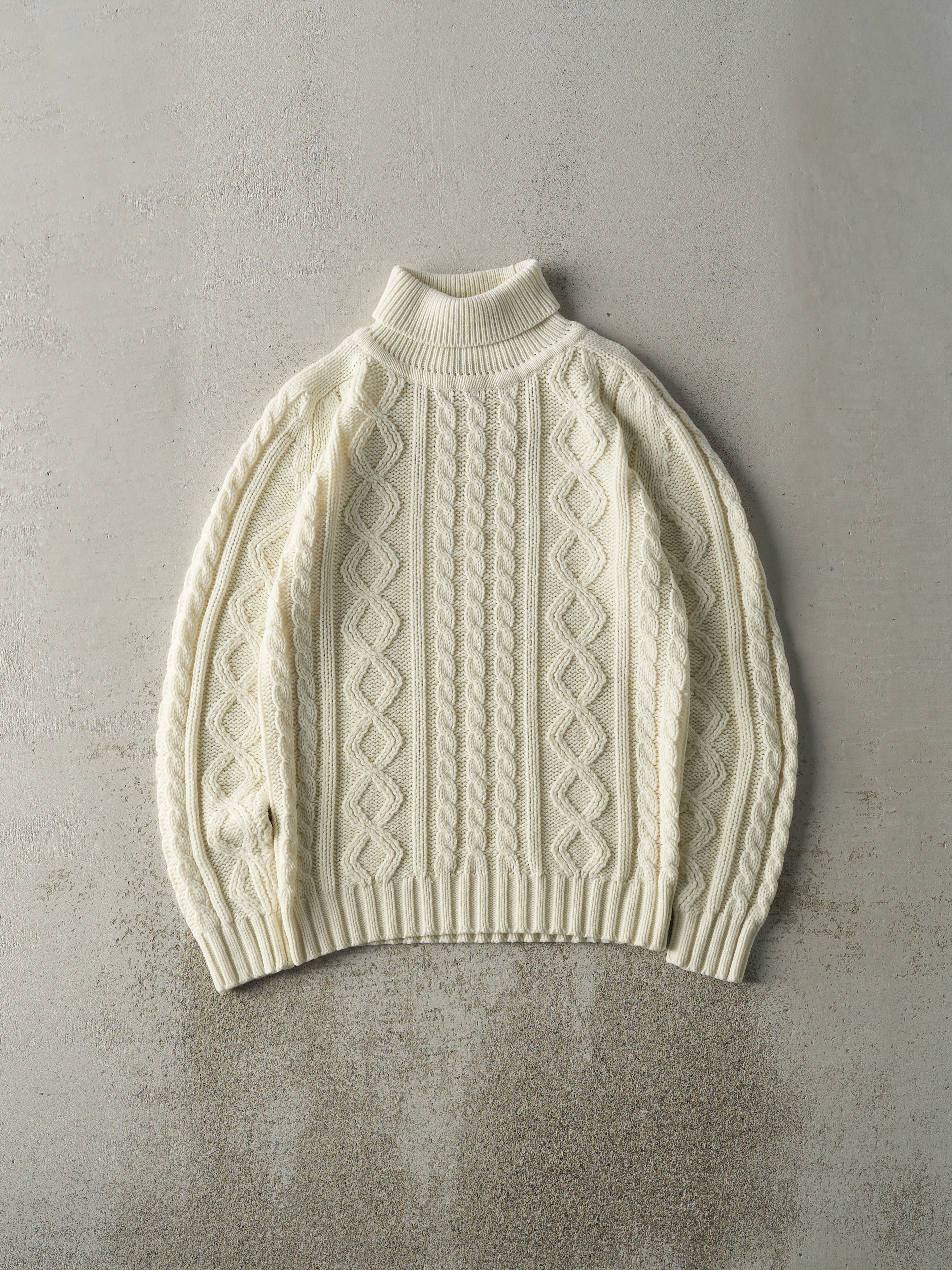 Vintage 80s Beige Cable Knit Turtle Neck Sweatshirt (M) sold by Rebalance Vintage