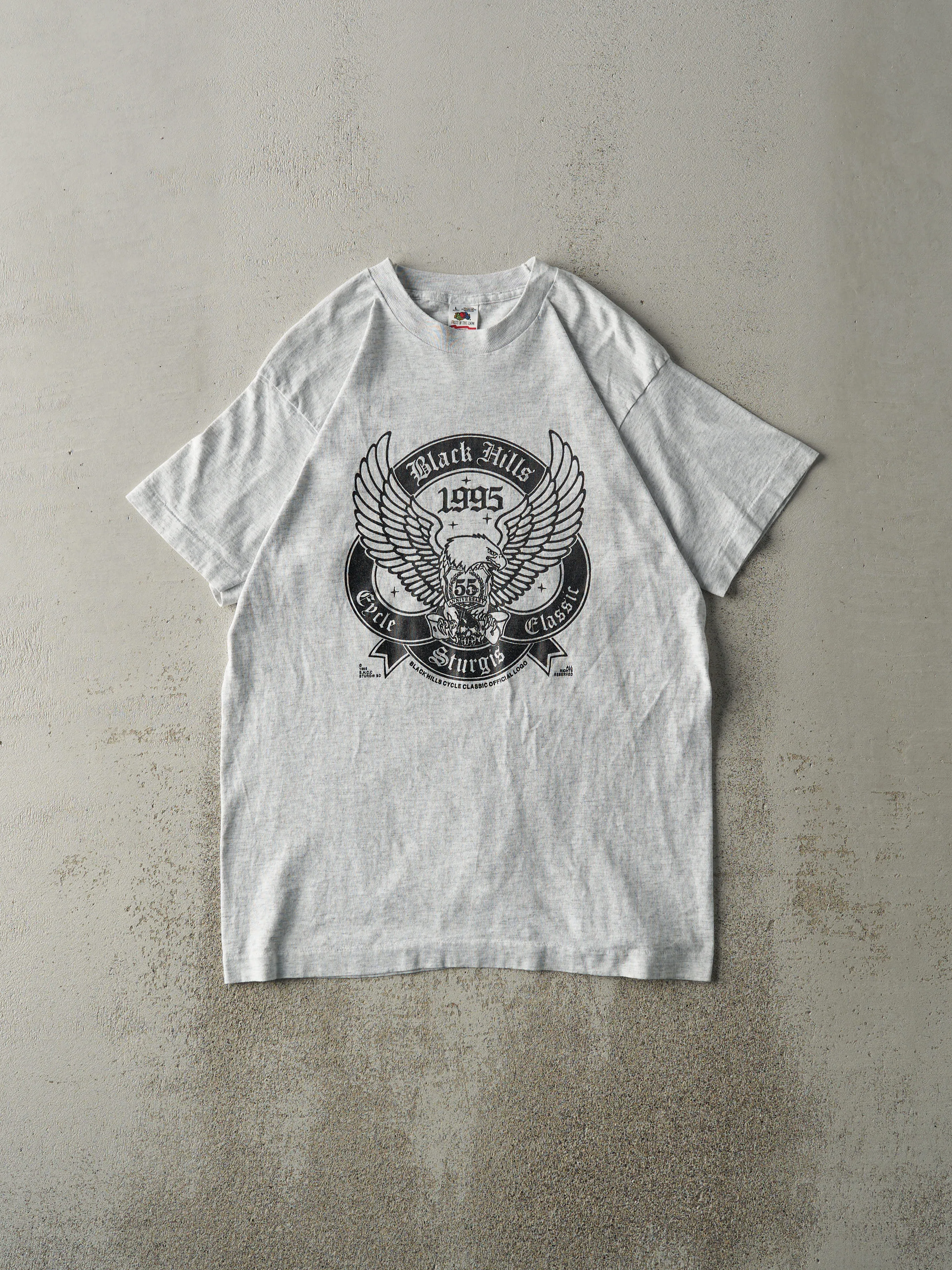 Vintage 95' Heather Grey Sturgis Black Hills Rally Single Stitch Tee (S/M) sold by Rebalance Vintage