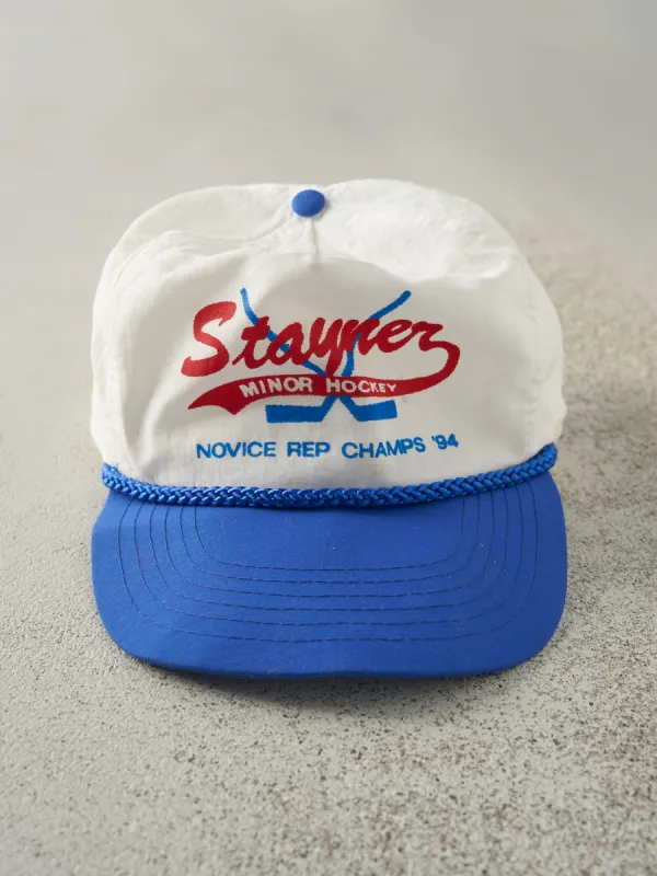 Vintage 94' White & Blue Stayner Minor Hockey Snapback Hat sold by Rebalance Vintage