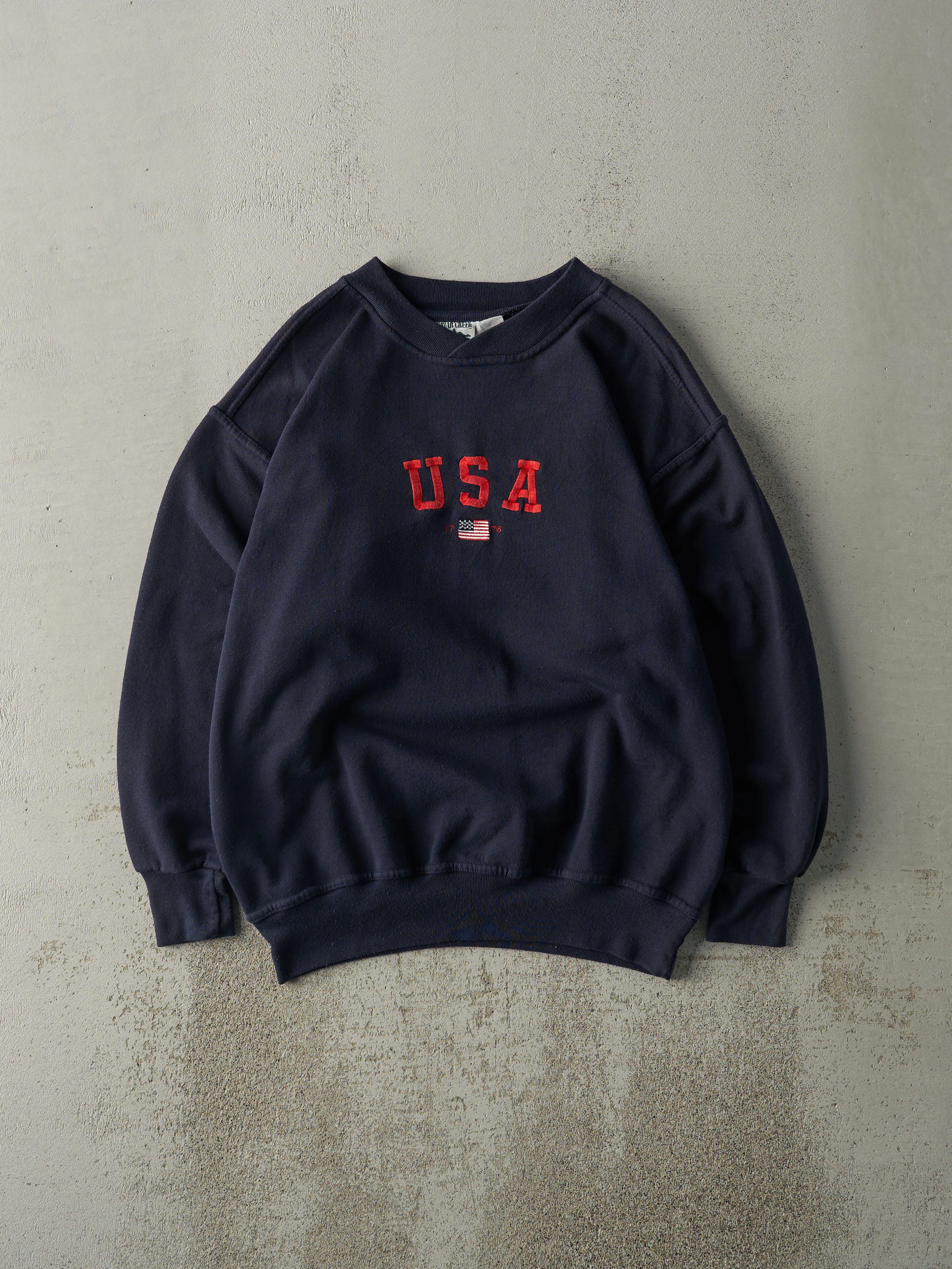 Vintage 90s Navy Blue Embroidered USA Crewneck (M) sold by Rebalance Vintage