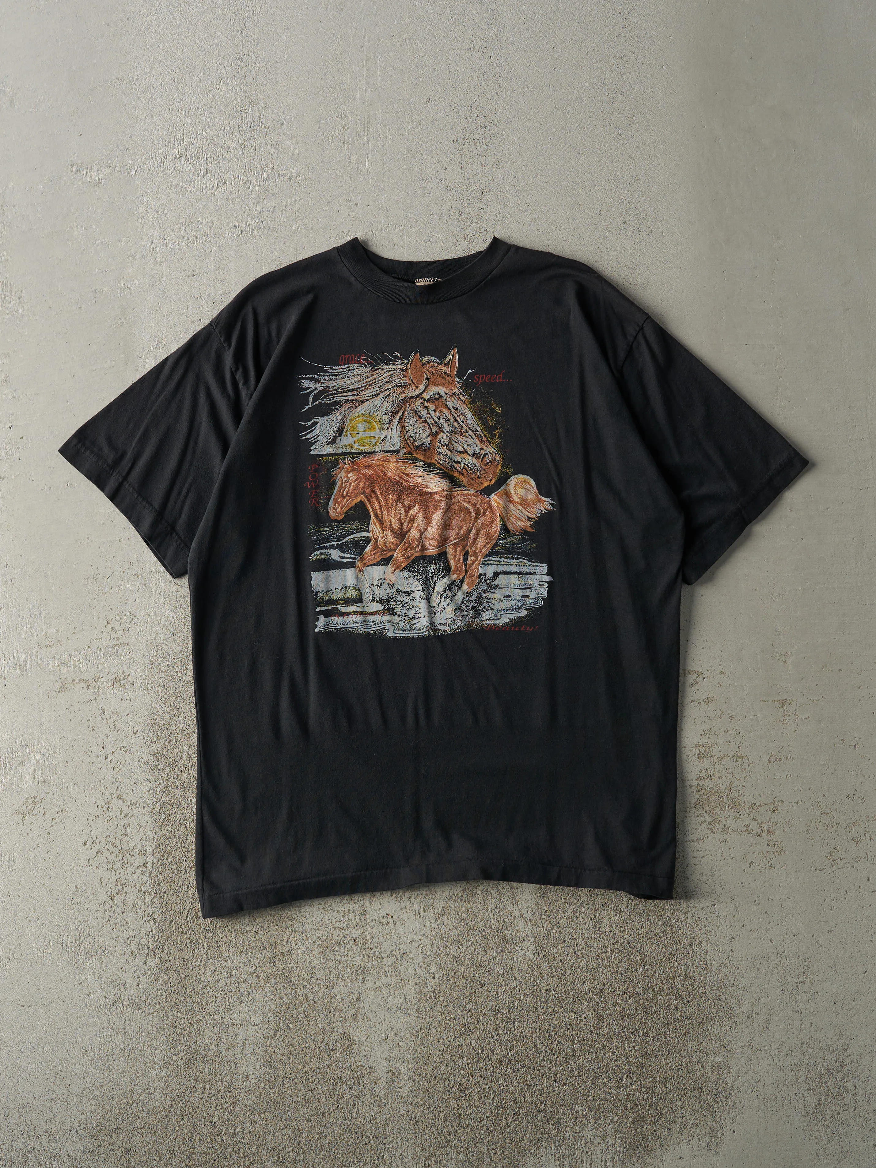 Vintage 90s Black Horse Tee (L) sold by Rebalance Vintage