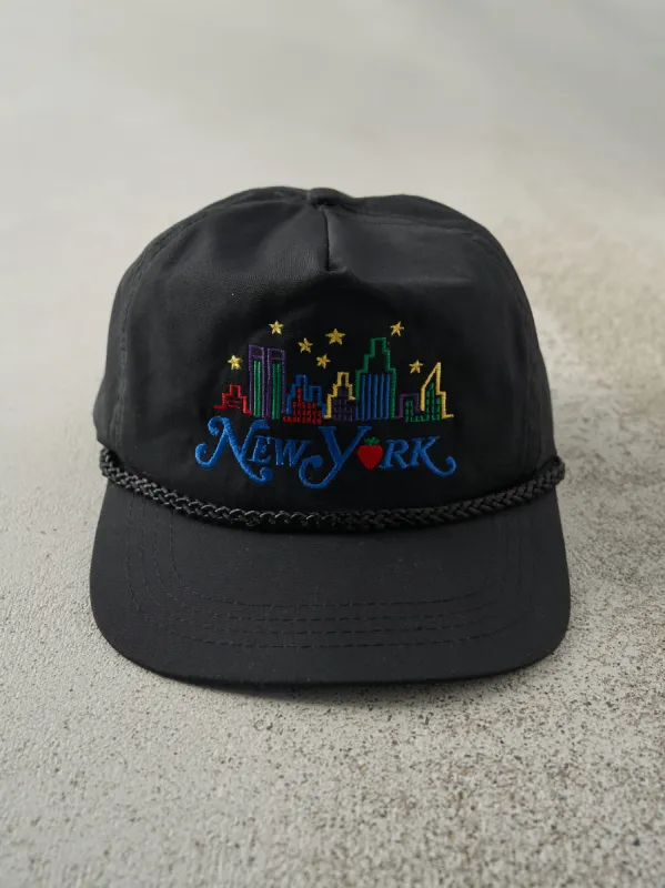 Vintage 90s Black New York Embroidered Leather Strap Back Hat sold by Rebalance Vintage