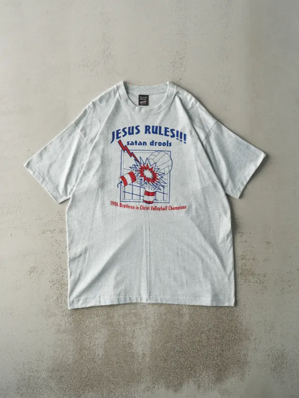 Vintage 96' Heather Grey "Jesus Rules" Single Stitch Tee (L/XL) sold by Rebalance Vintage