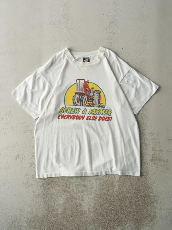 Vintage 89' White "Screw A Farmer" Single Stitch Tee (L) sold by Rebalance Vintage