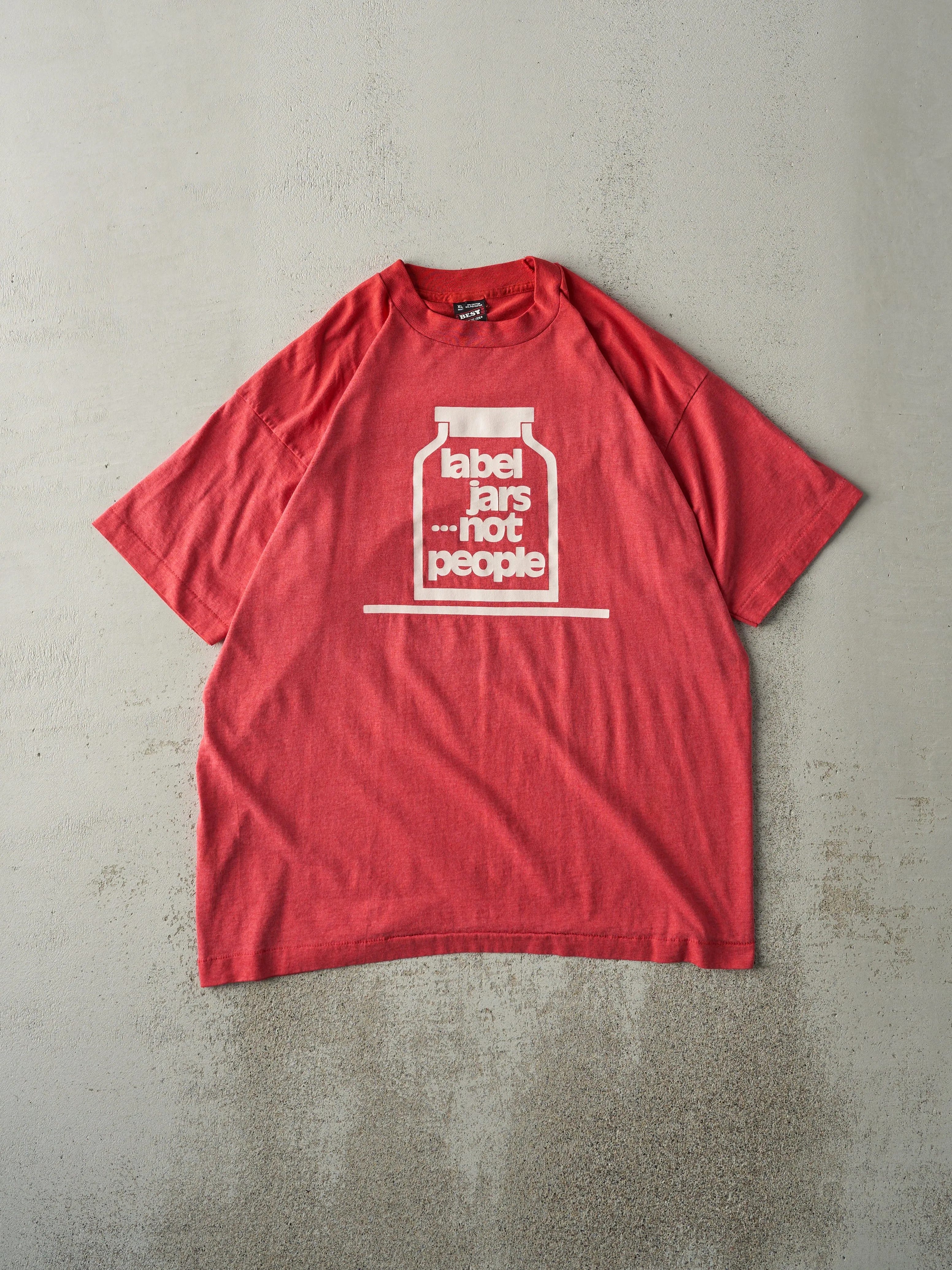 Vintage 90s Red "Label Jars Not People" Single Stitch Tee (L) sold by Rebalance Vintage