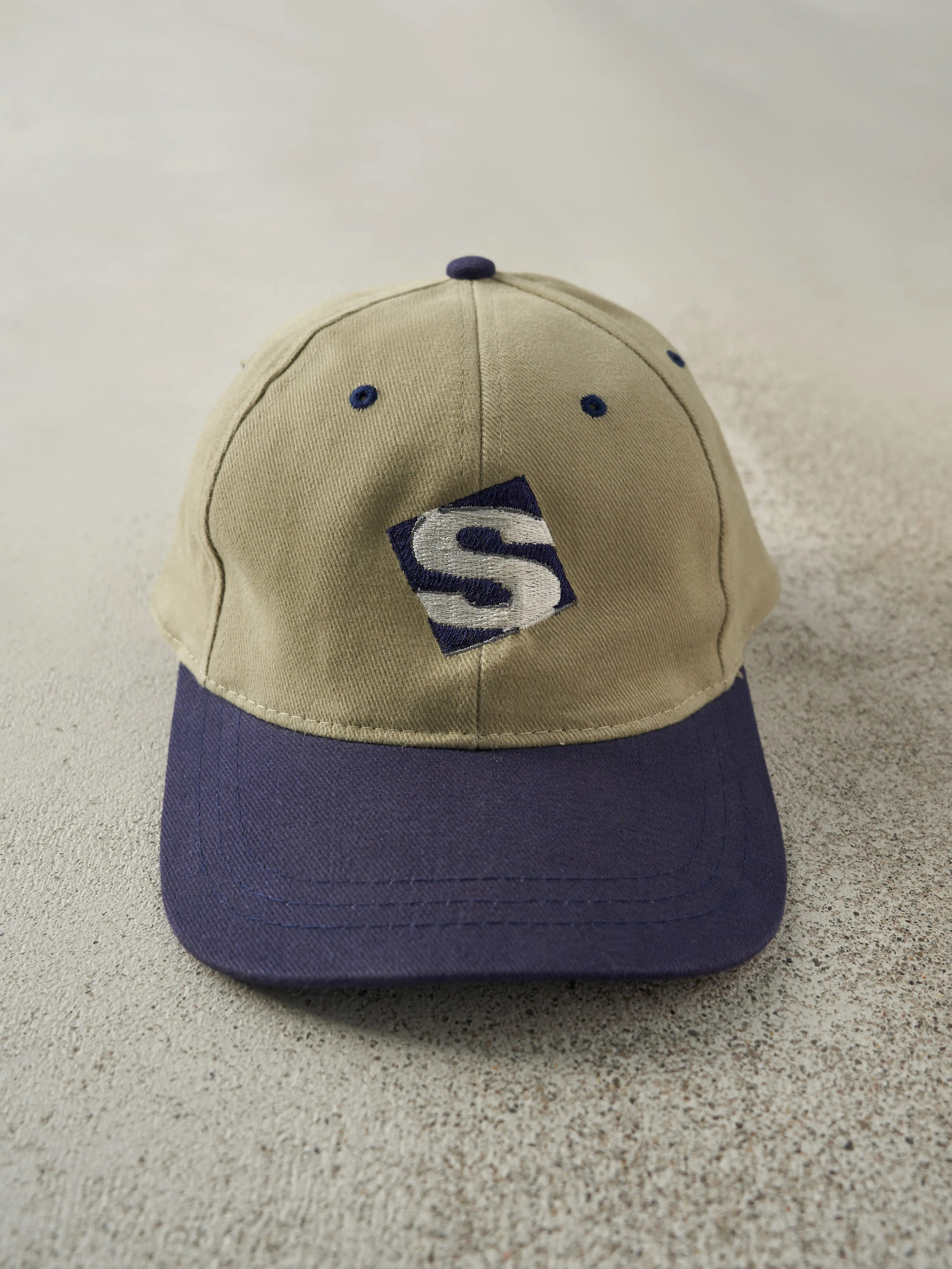 Vintage 90s Beige & Blue Embroidered Summit Environmental Strap Back Hat sold by Rebalance Vintage