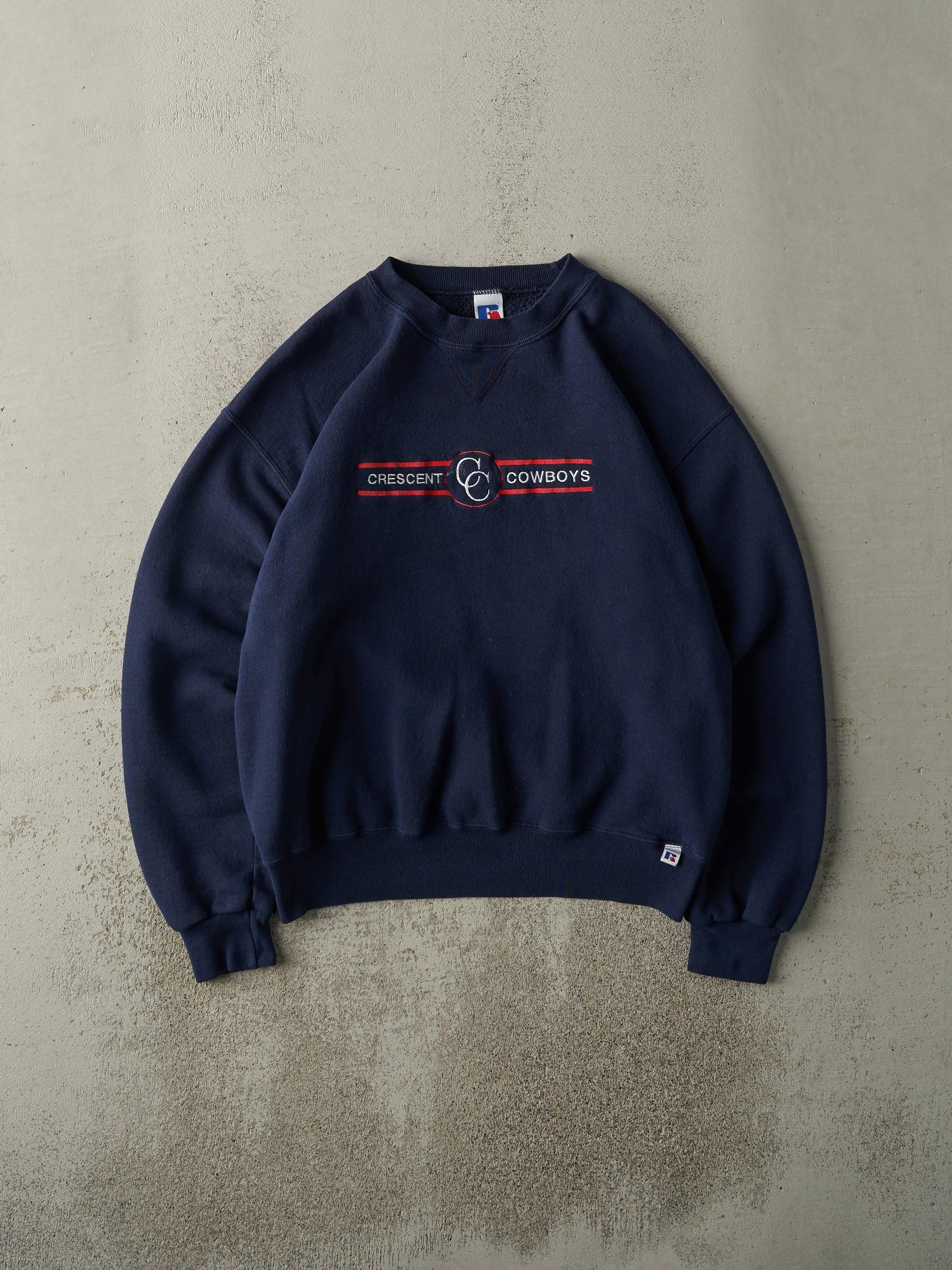 Vintage 90s Navy Blue Crescent Cowboys Russell Athletics Crewneck (L) sold by Rebalance Vintage