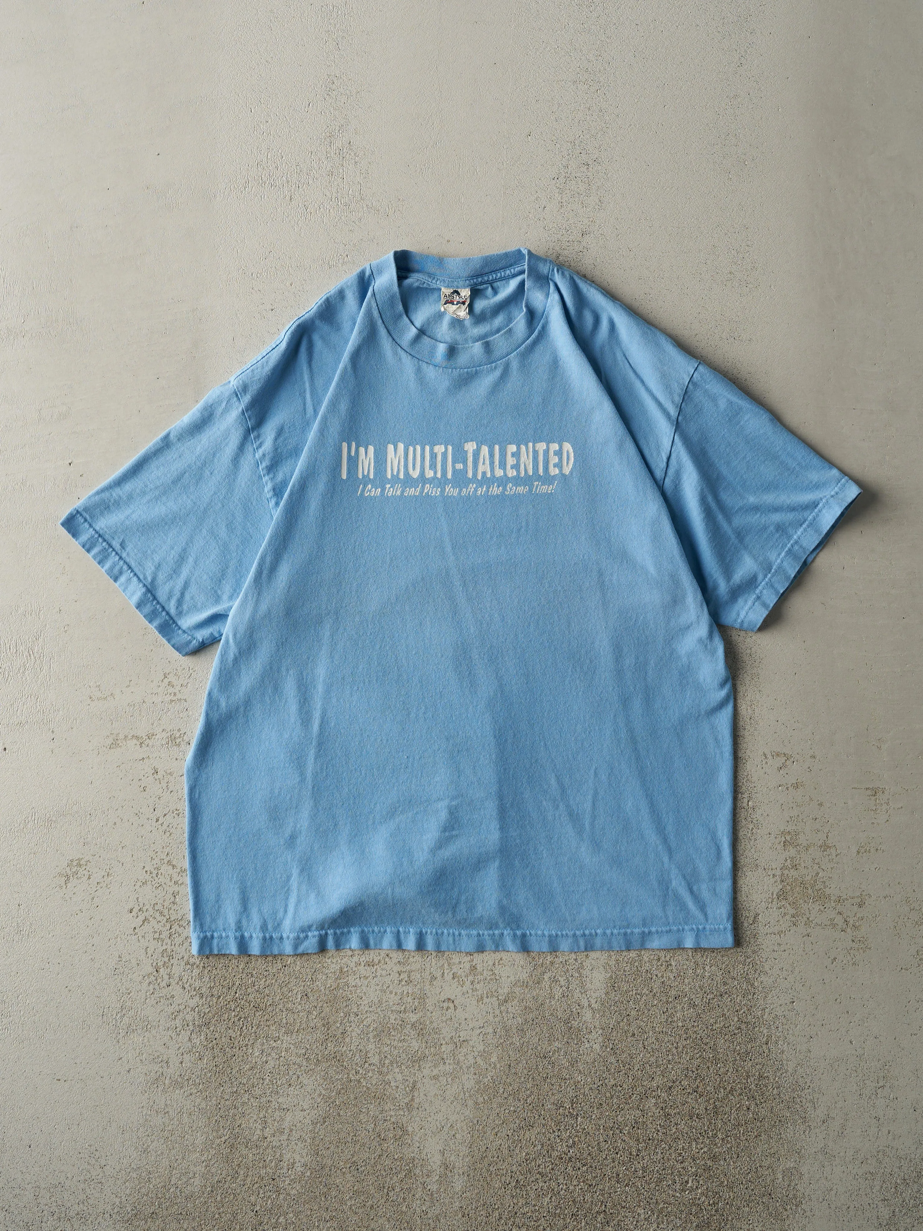 Vintage Y2K Blue "I'm Multi-Talented" Slogan Tee (L) sold by Rebalance Vintage