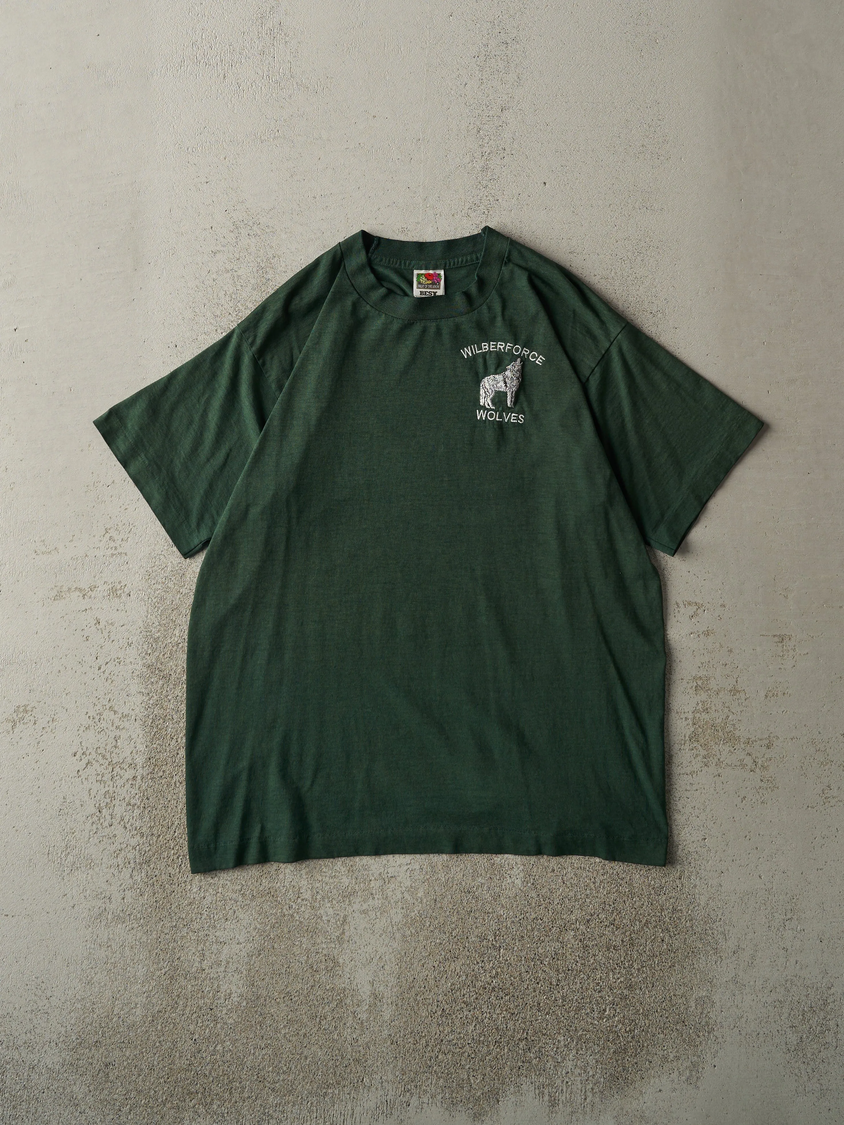Vintage 90s Green Embroidered Wilberforce Wolves Single Stitch Tee (M) sold by Rebalance Vintage